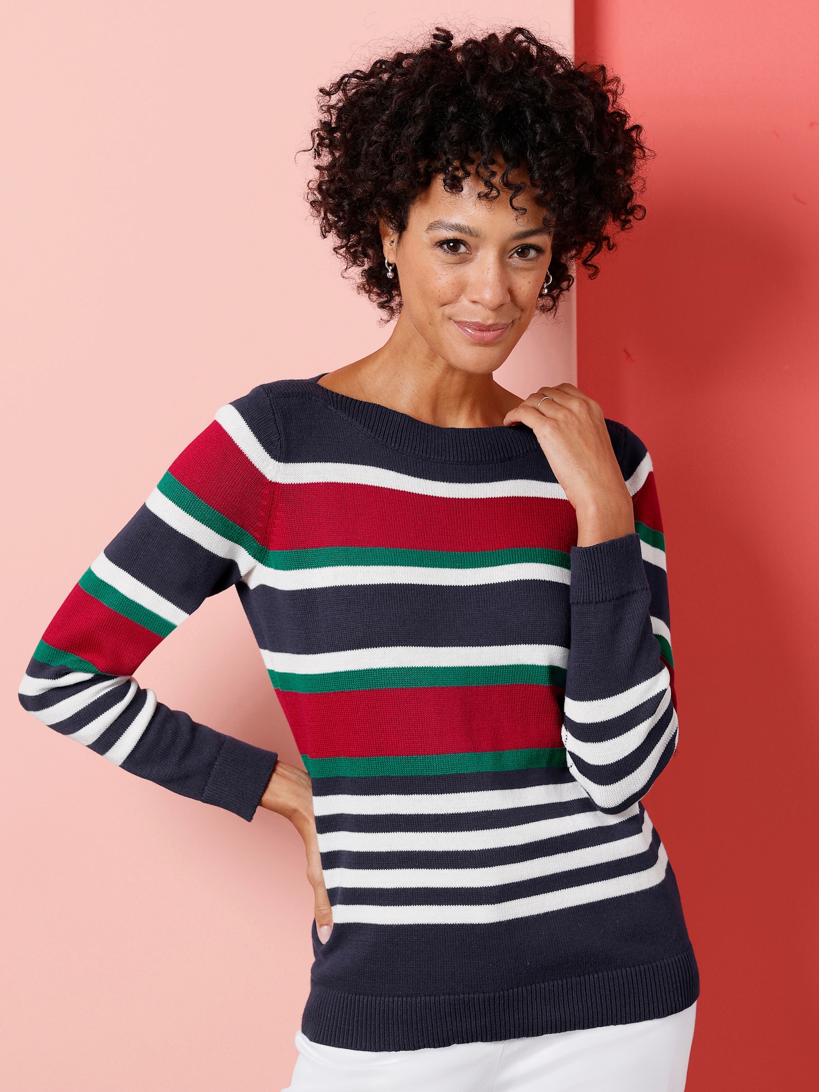 Pullover met lange mouwen en boothals - marine/rood gestreept