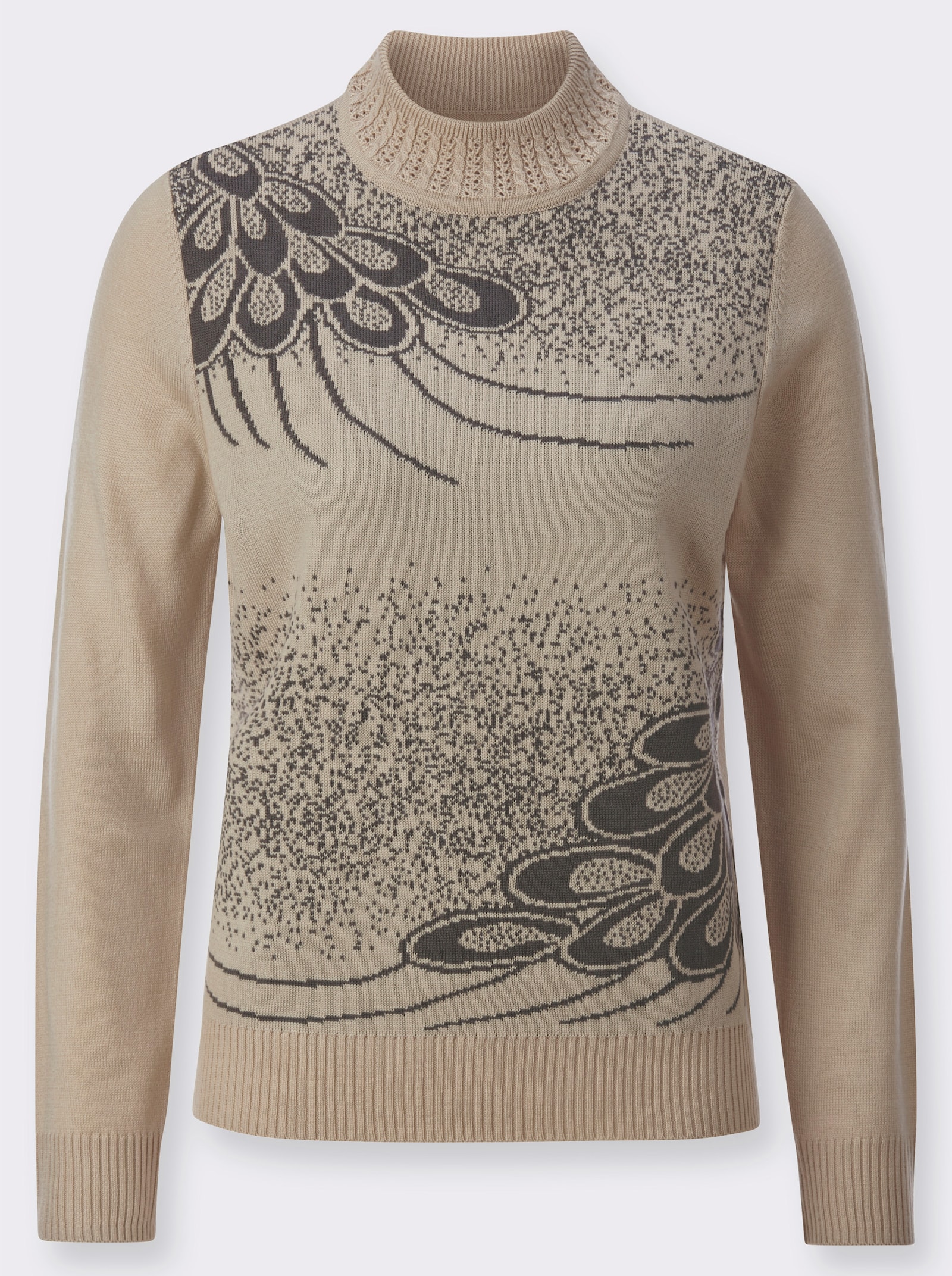 Svetr se stojáčkem s intarzovaným vzorem - písková-vzor