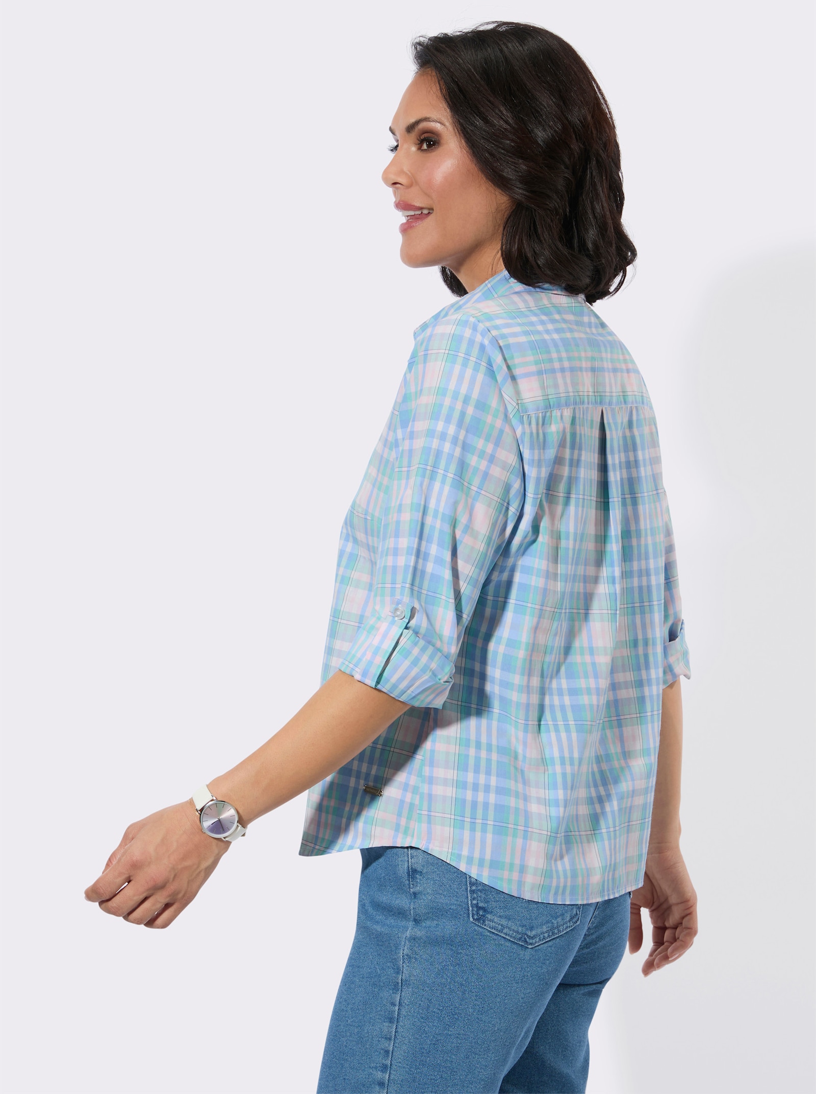 Karobluse mit Hemdkragen - hellrosé-eisblau-kariert