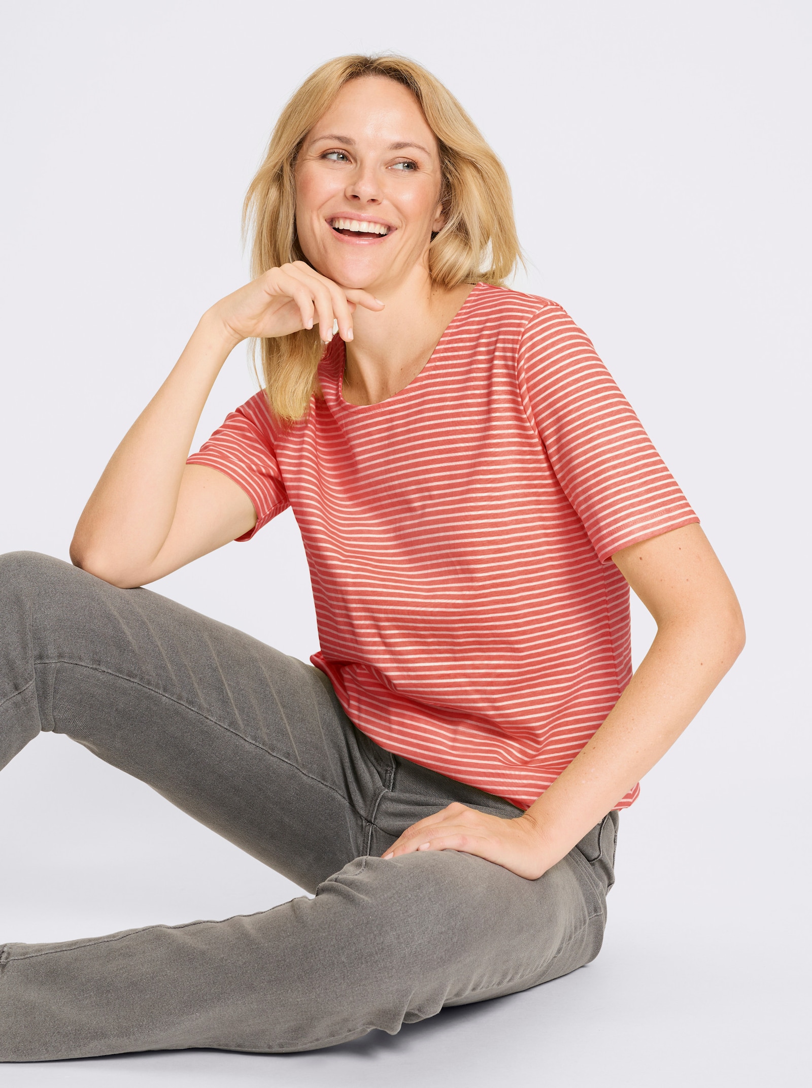 Ringelshirt aus reiner Baumwolle - koralle-ecru-geringelt