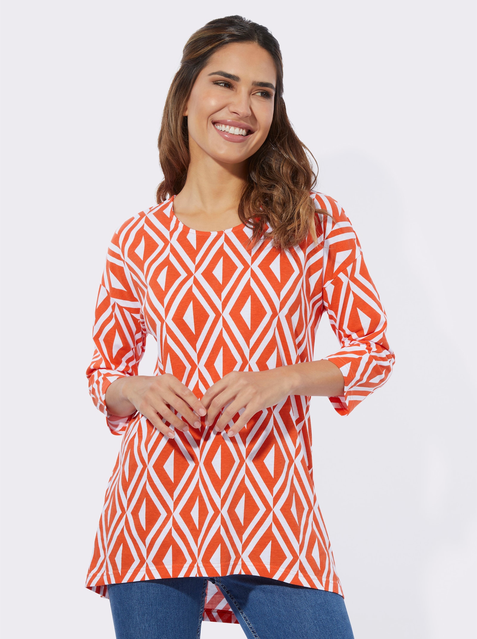 Lang shirt in A-lijn - oranje-ecru bedrukt