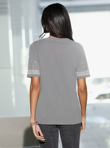 Kurzarmshirt mit Steinchen verziert - steingrau