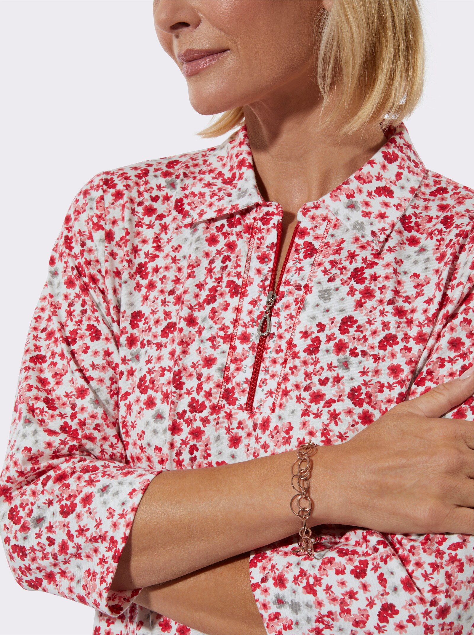 Poloshirt mit Glitzersteinchen - rot-ecru-bedruckt