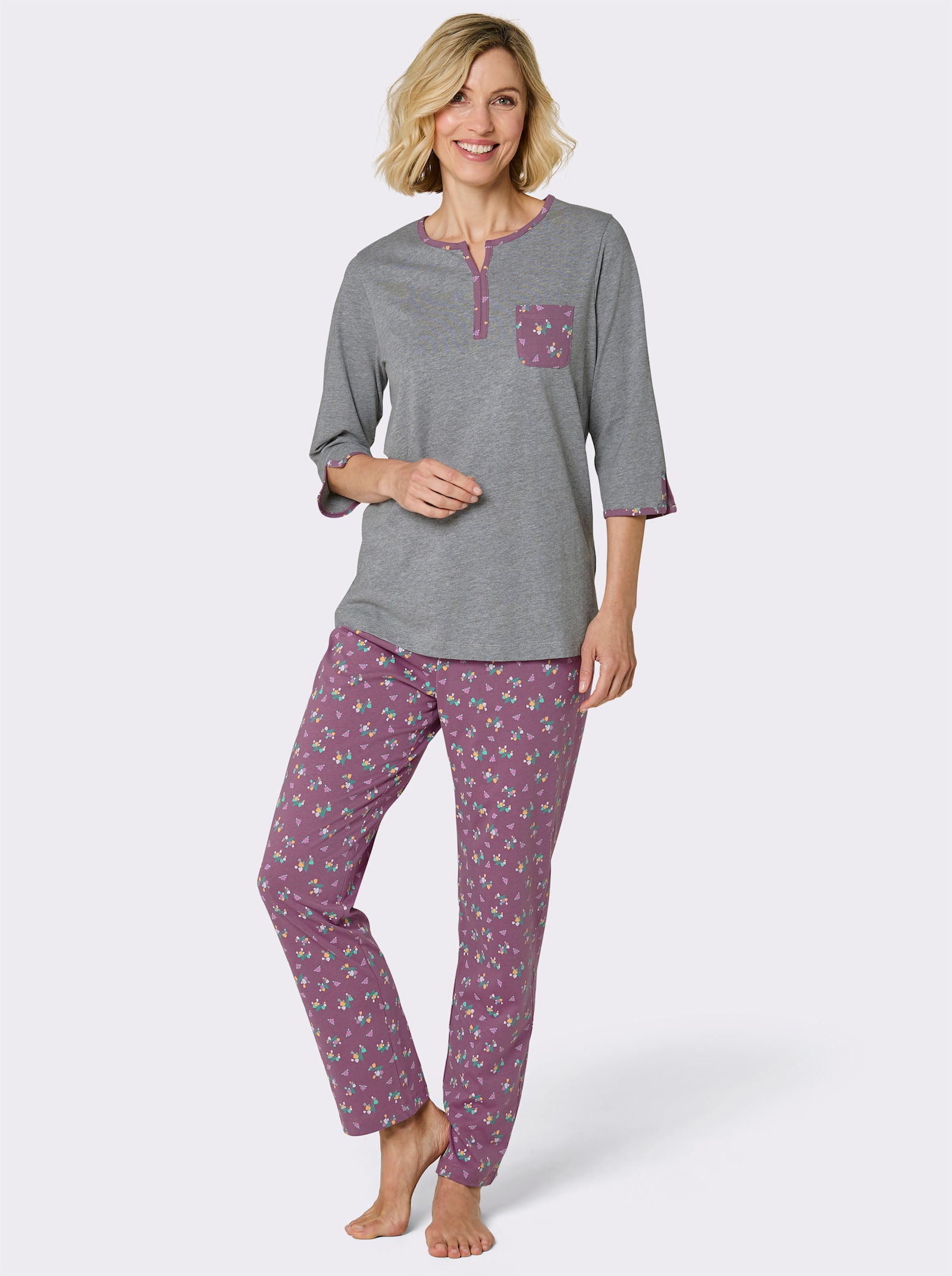 wäschepur Schlafanzug mit Blümchenhose - violett-grau-bedruckt