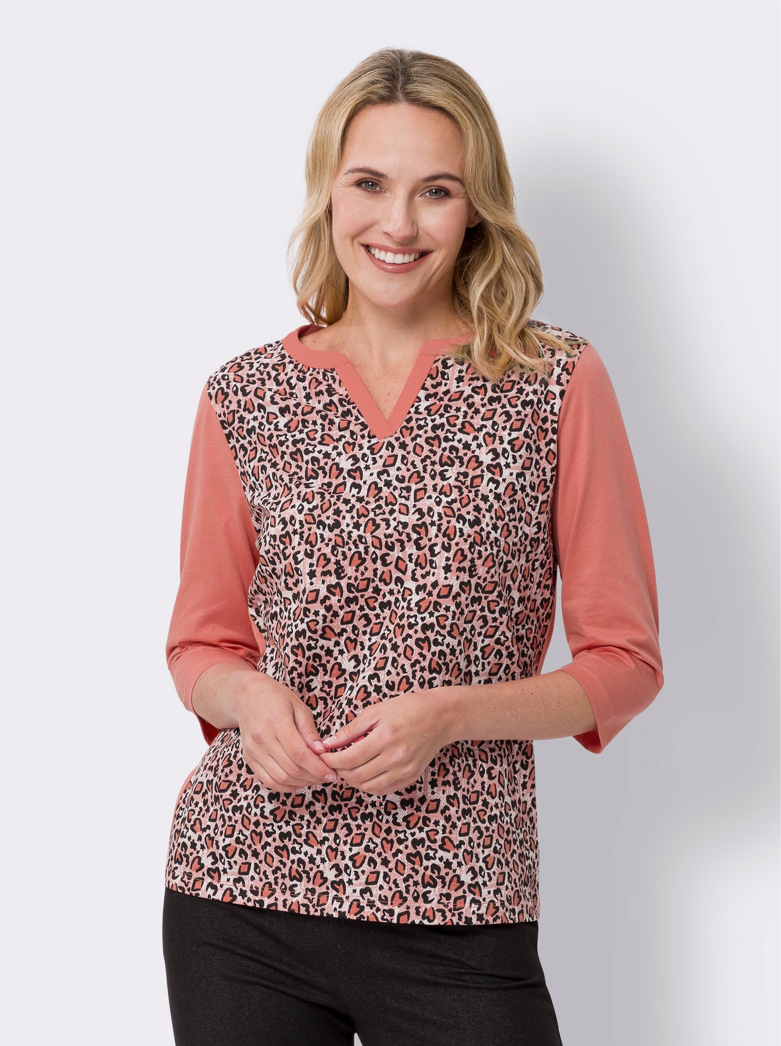3/4-Arm-Shirt mit Animalprint - grapefruit-schwarz-bedruckt