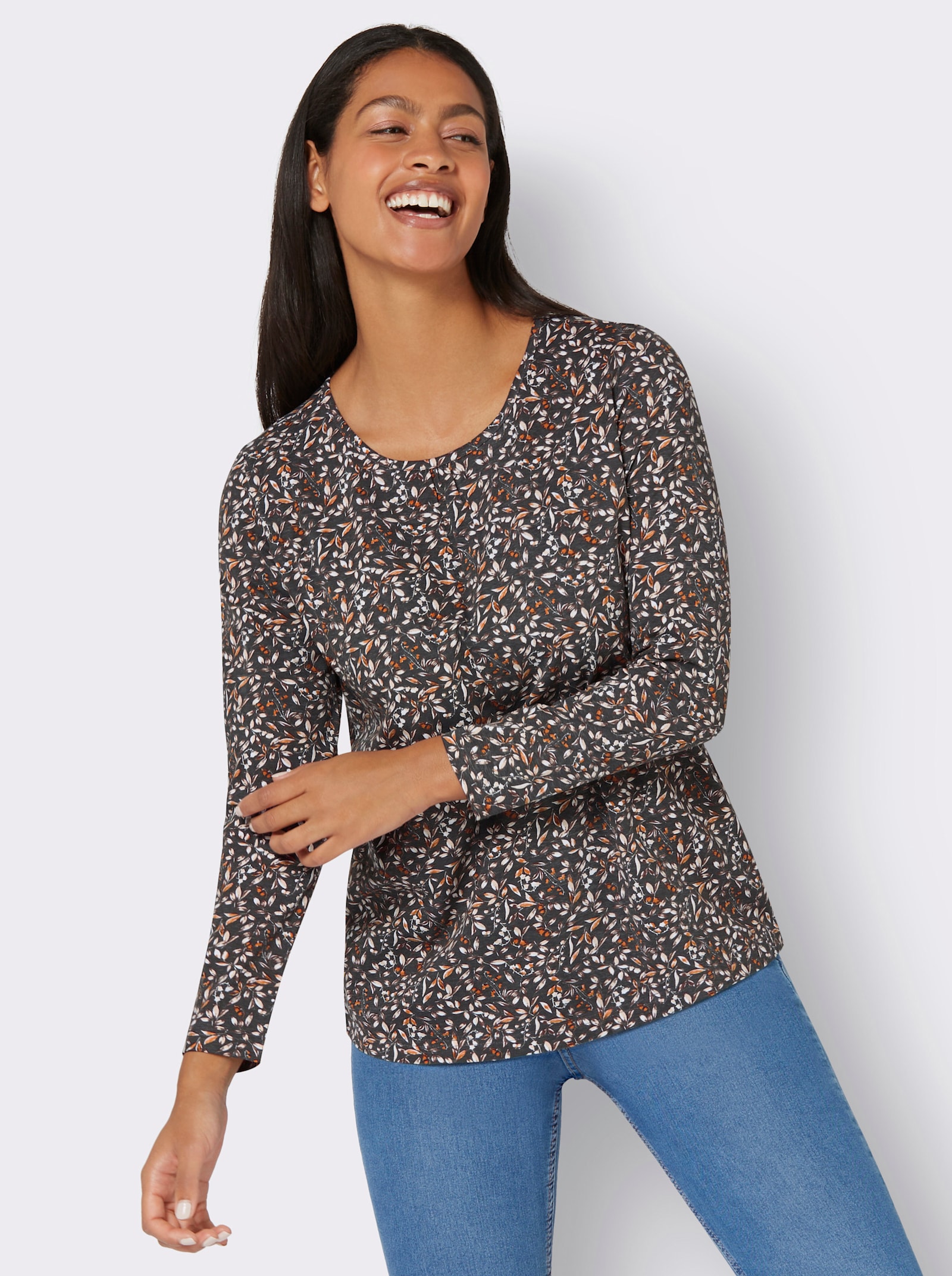 Tričko s dlouhým rukávem s květinovým vzorem - černá-rezavá-potisk