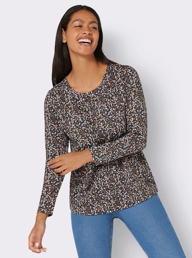 Langarmshirt mit Blüten-Dessin - schwarz-rostrot-bedruckt