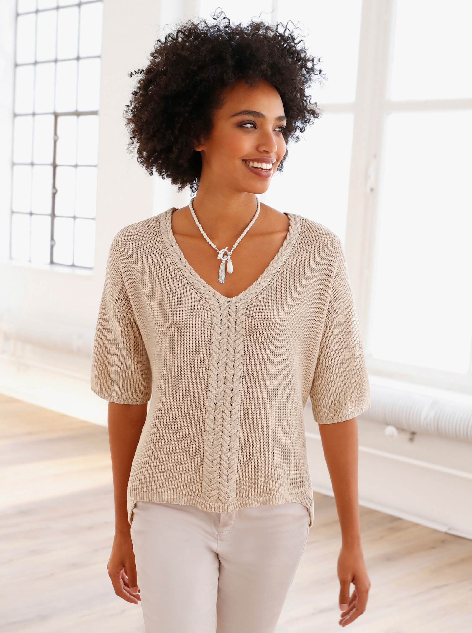 heine Kurzarmpullover im Mix aus Rippen- und Zopfstrick - elfenbeinfarben