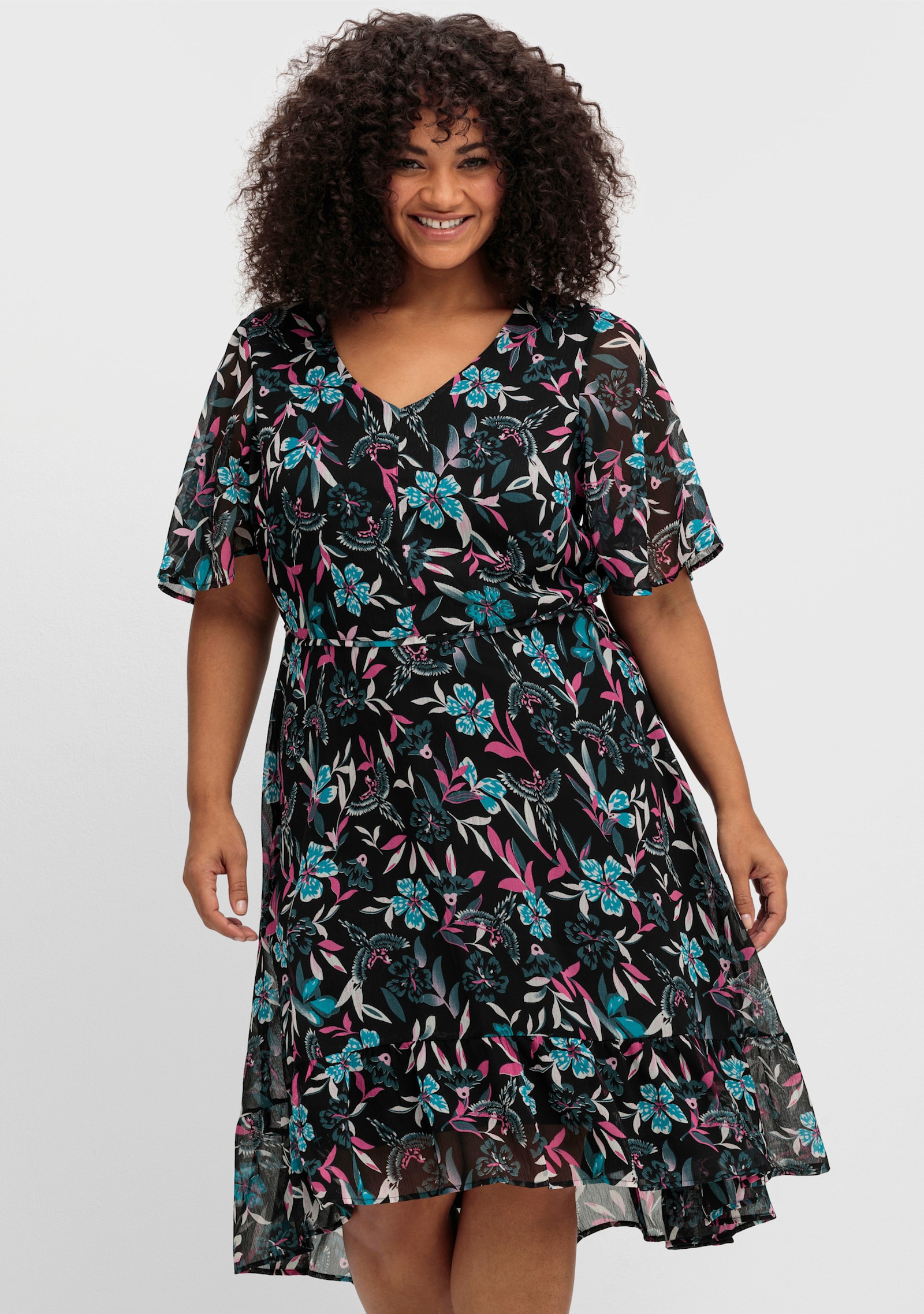 sheego by Joe Browns Chiffonkleid mit Blumendruck und Flügelärmeln - dunkelpetrol-gemustert