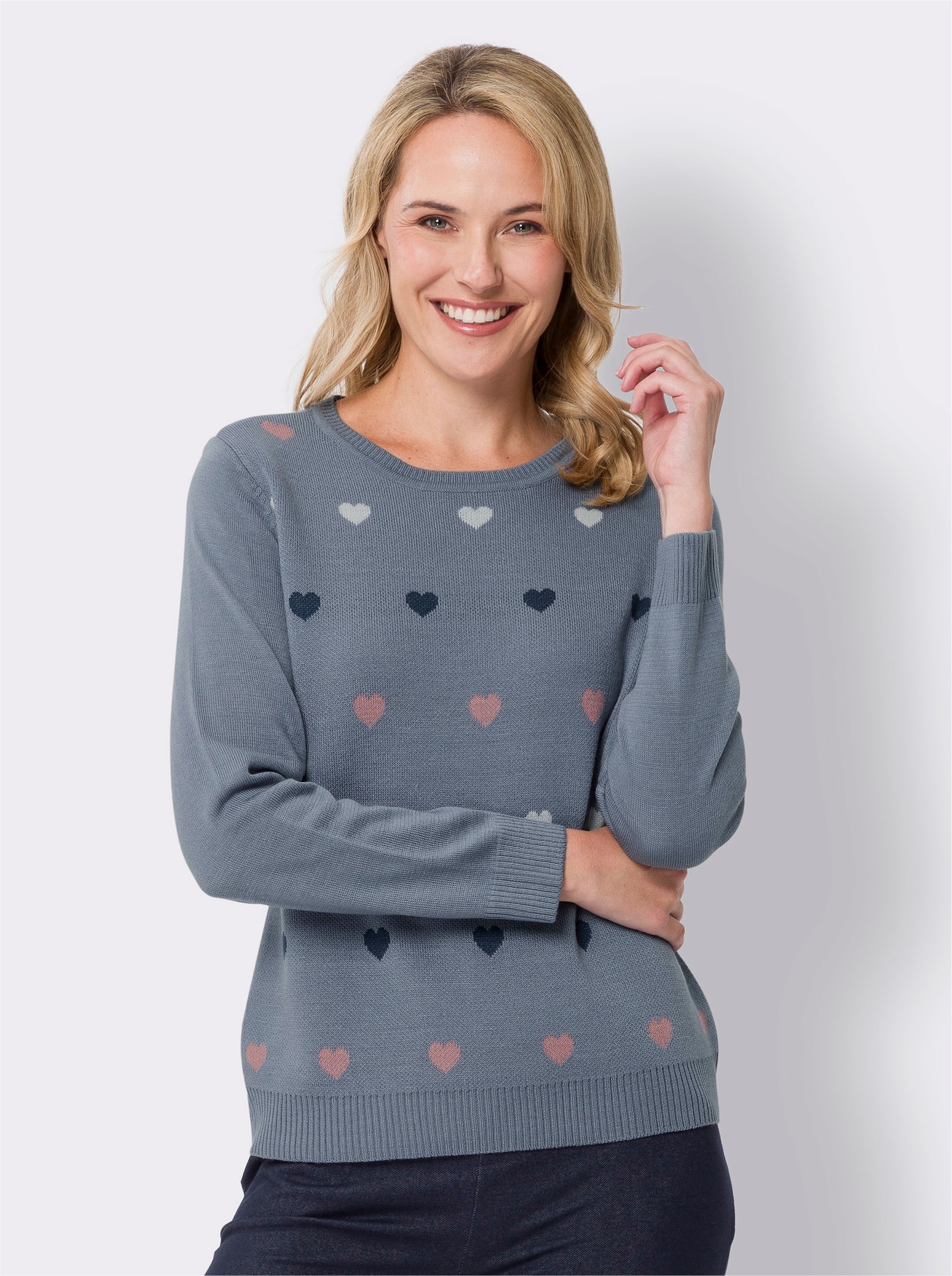 Rundhalspullover mit Jacquard-Herzchen - taubenblau-ecru-gemustert