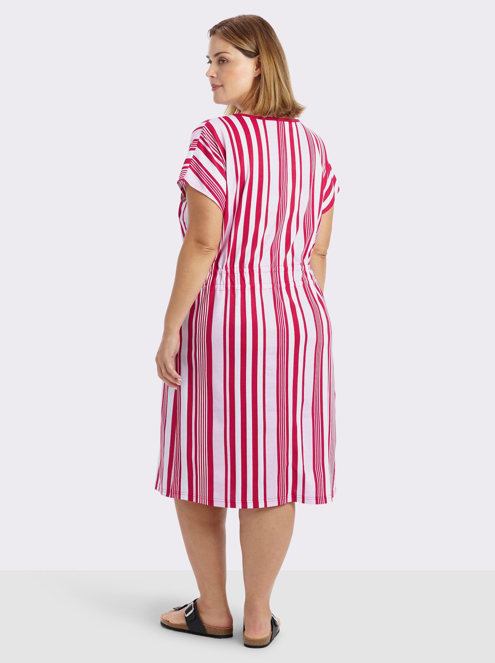 sheego Jerseykleid mit Streifenmuster und Bindeband - weiß-rot-gestreift