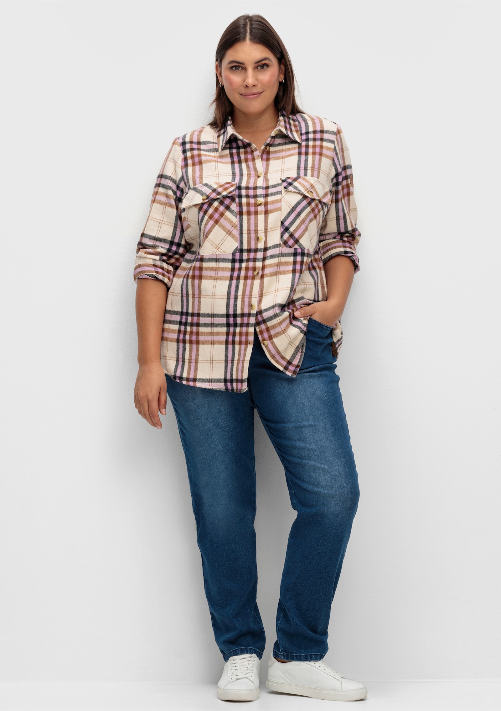 Schlupfjeans mit geripptem Strick-Dehnbund - blue-stone-washed