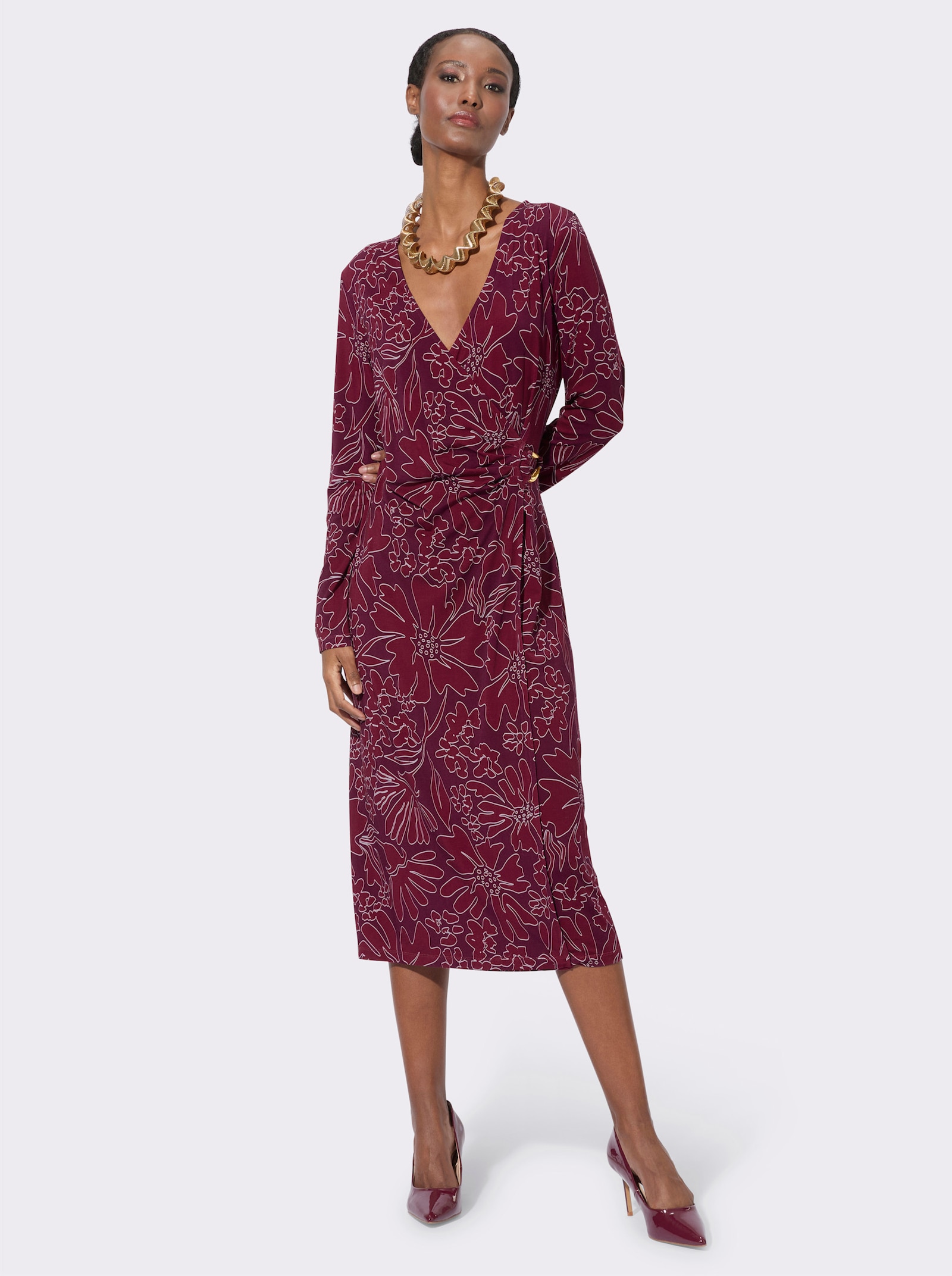 Jerseykleid in Wickeloptik - burgund-bordeaux-bedruckt