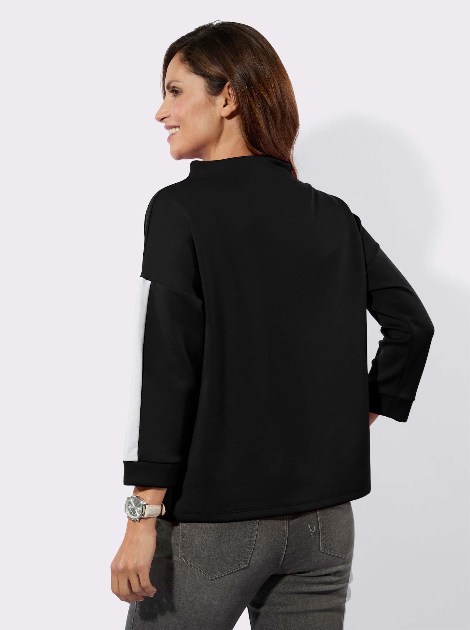Stehkragenshirt mit Kontraststreifen - schwarz-weiss