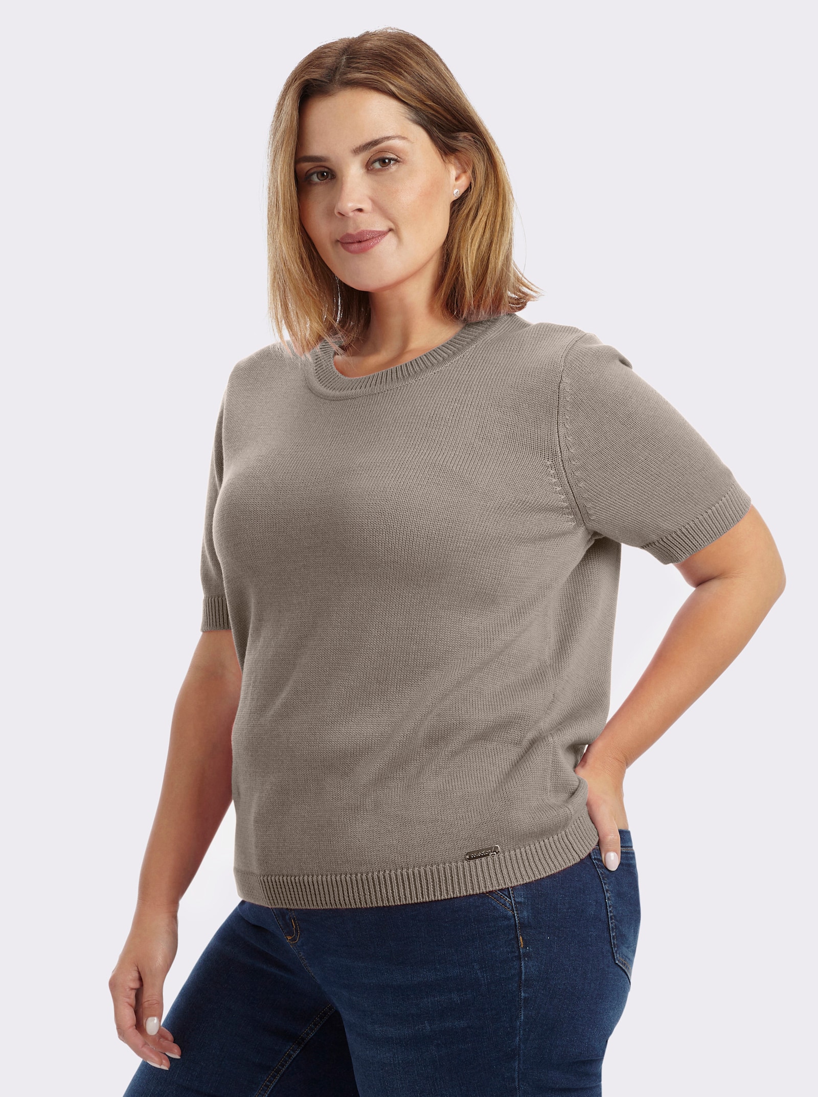 Kurzarmpullover mit Rippabschlüssen - taupe-meliert