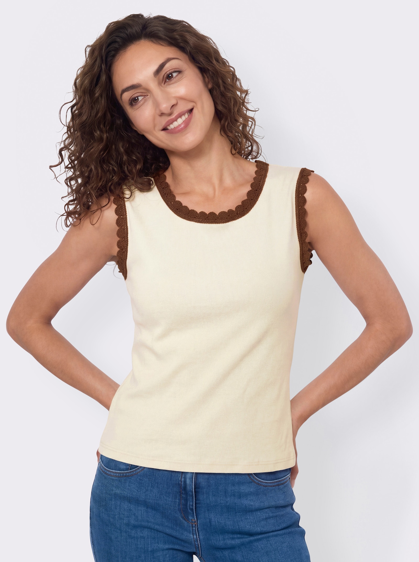 Shirttop mit Häkelband - champagner-schoko-gemustert