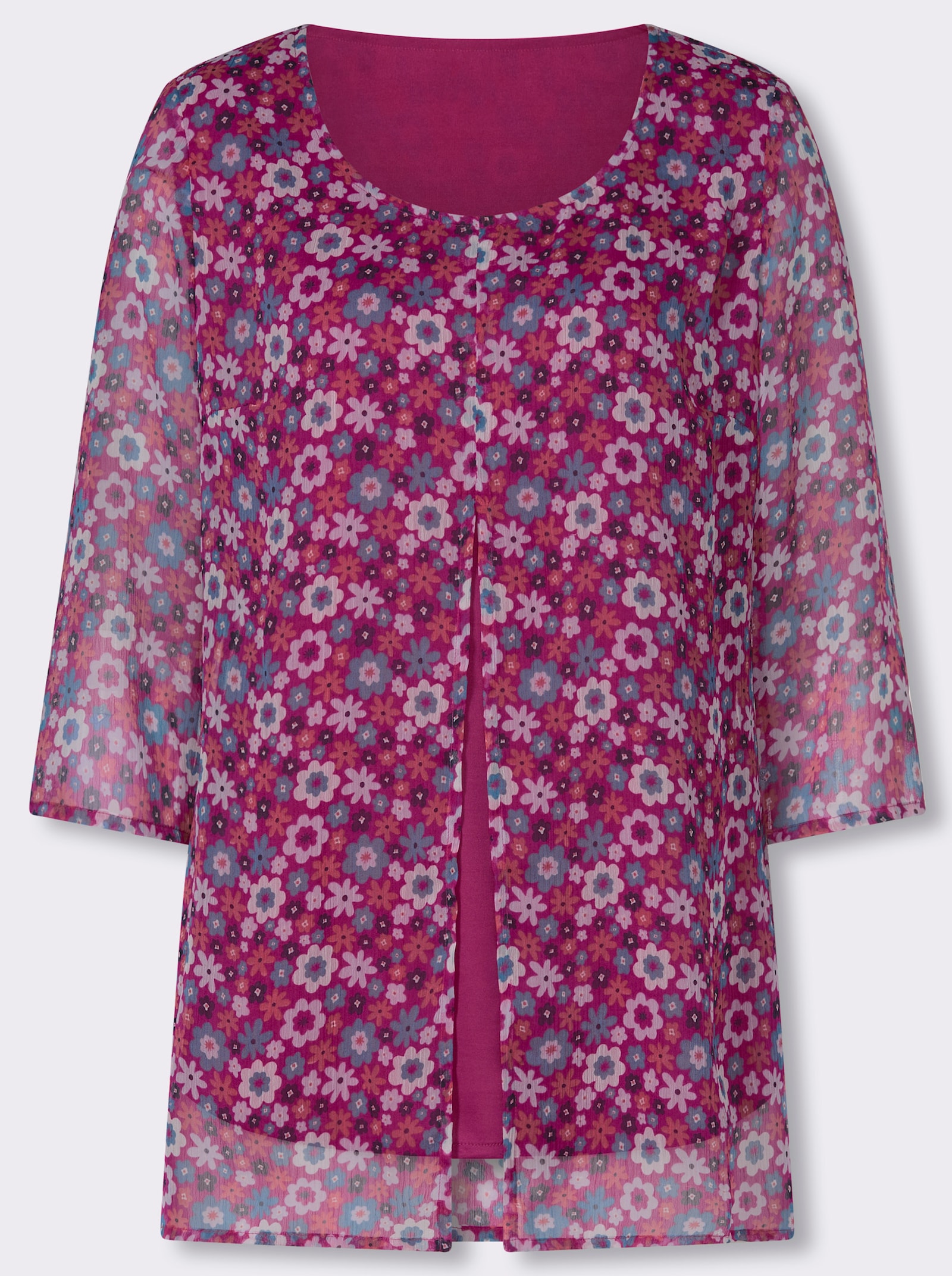 Longbluse in 2-in-1-Optik, obere Lage transparent - magenta-topas-bedruckt