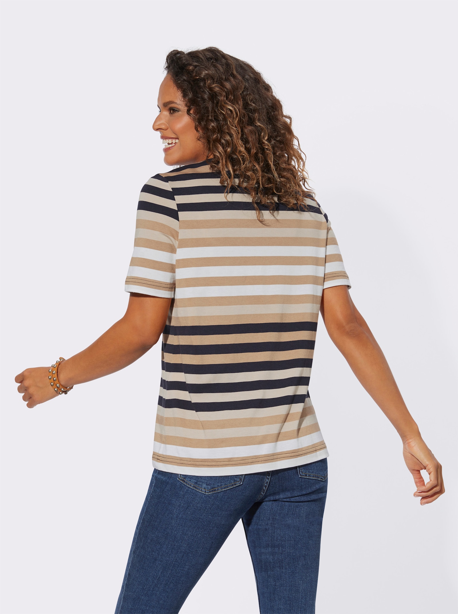 Kurzarmshirt mit garngefärbtem Muster - beige-marine-gestreift