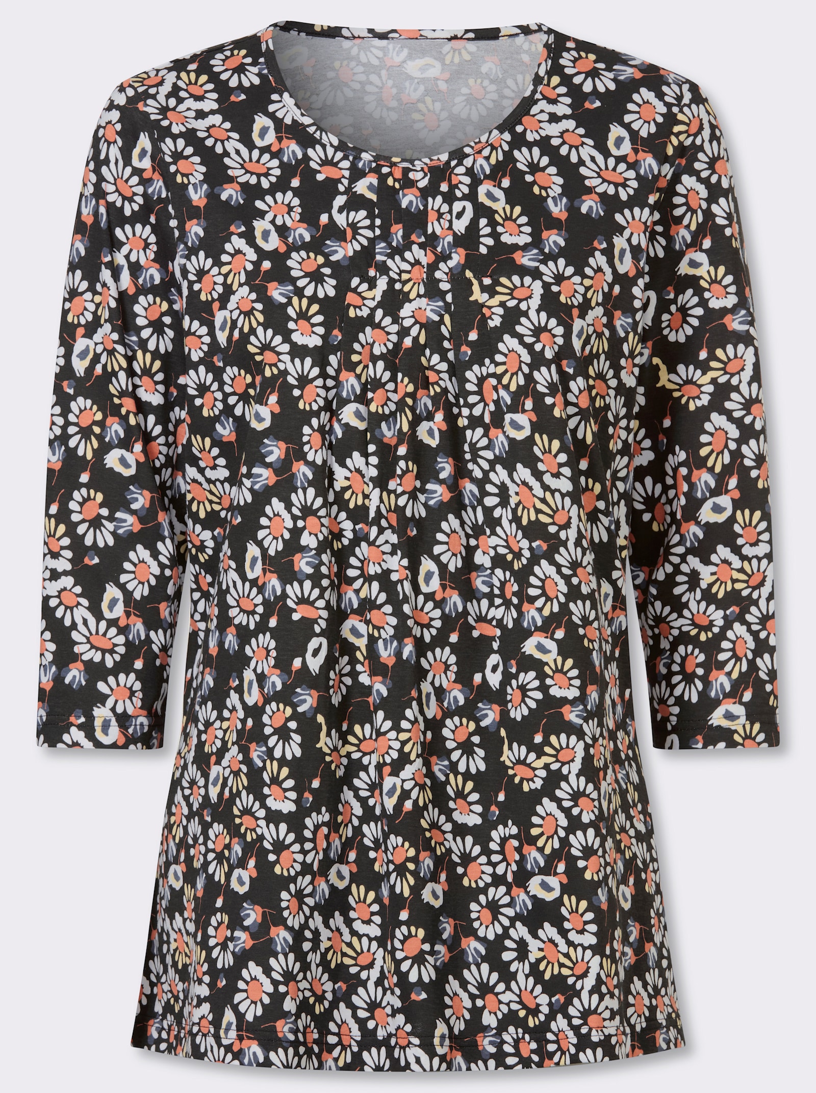 Longshirt im Blüten-Dessin - schwarz-papaya-bedruckt