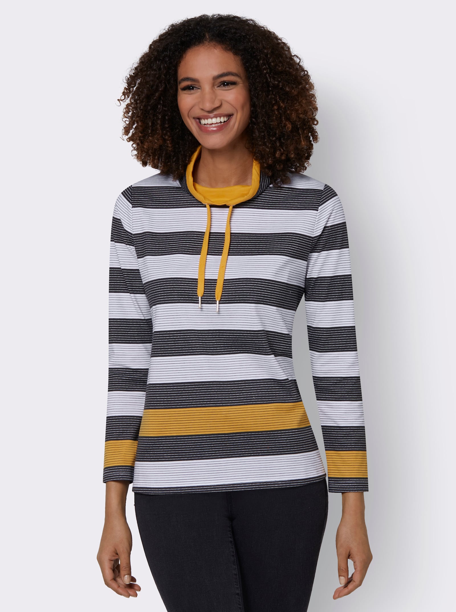 Stehkragenshirt mit weitenregulierbarem Kragen - ocker-schwarz-geringelt