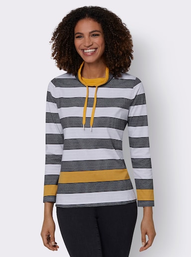 Stehkragenshirt mit weitenregulierbarem Kragen - ocker-schwarz-geringelt