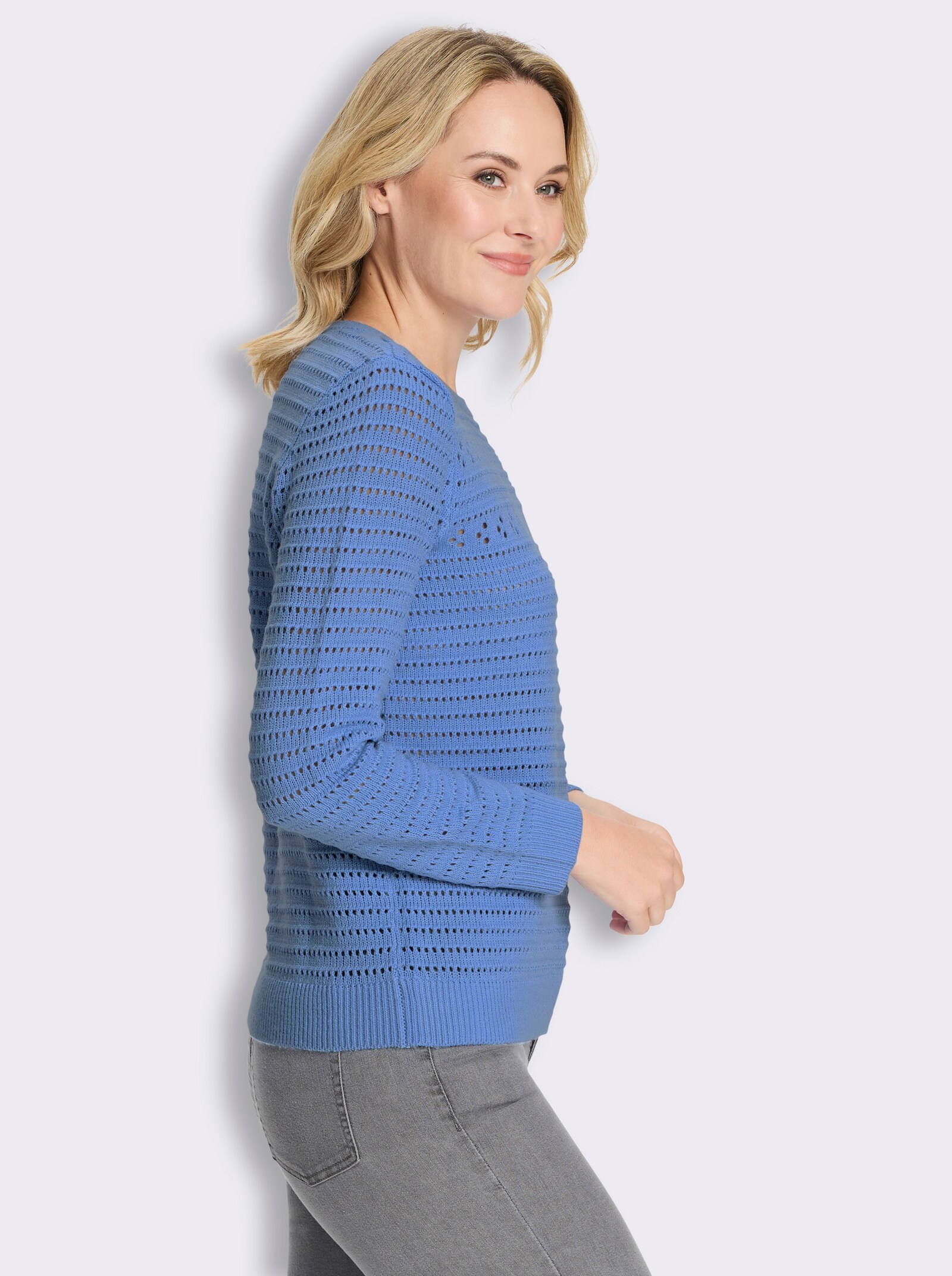 Ajourpullover mit Rippabschlüssen - himmelblau