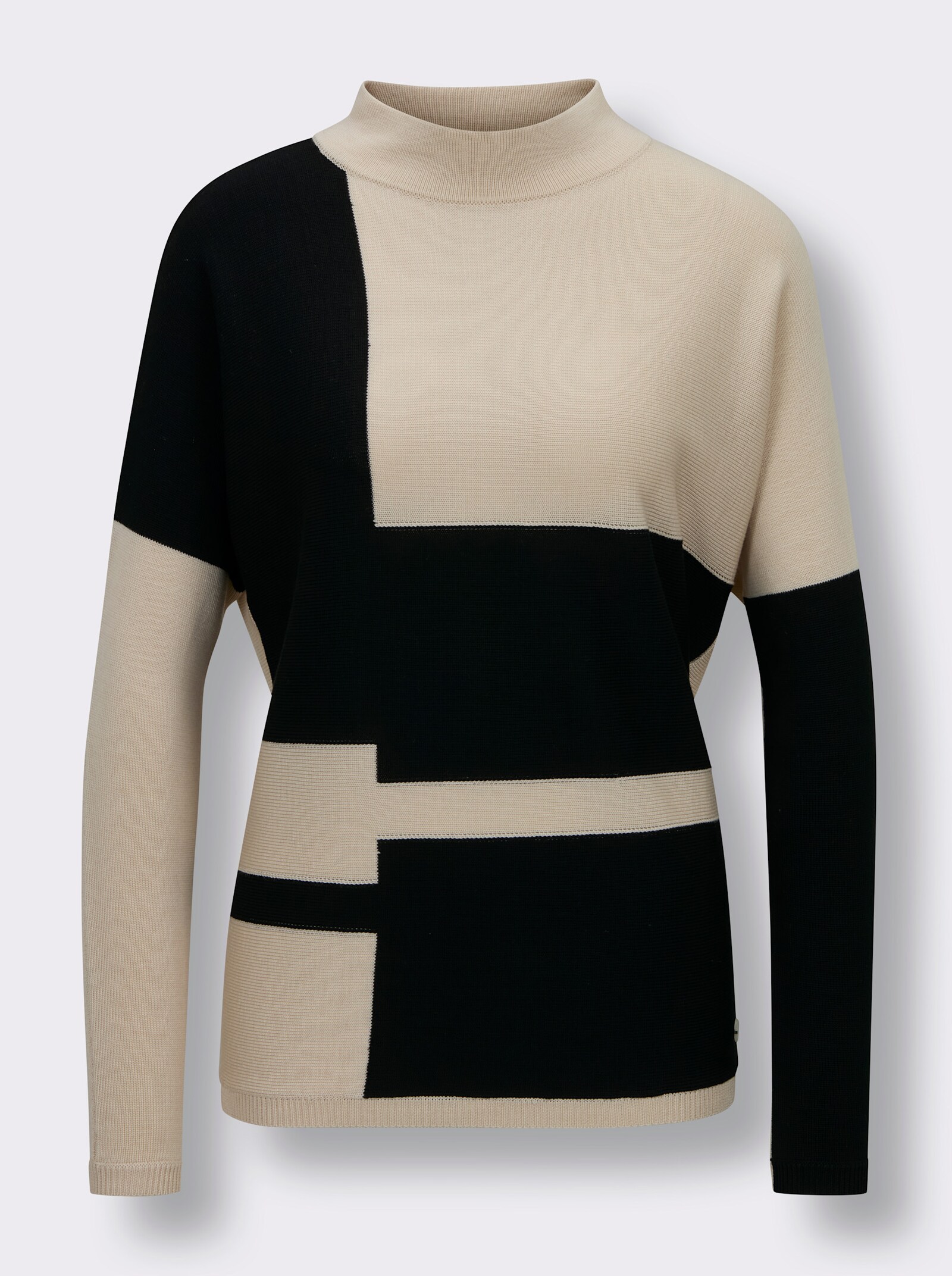 CREATION L PREMIUM Stehkragenpullover mit Intarsien-Dessin - elfenbein-schwarz-gemustert