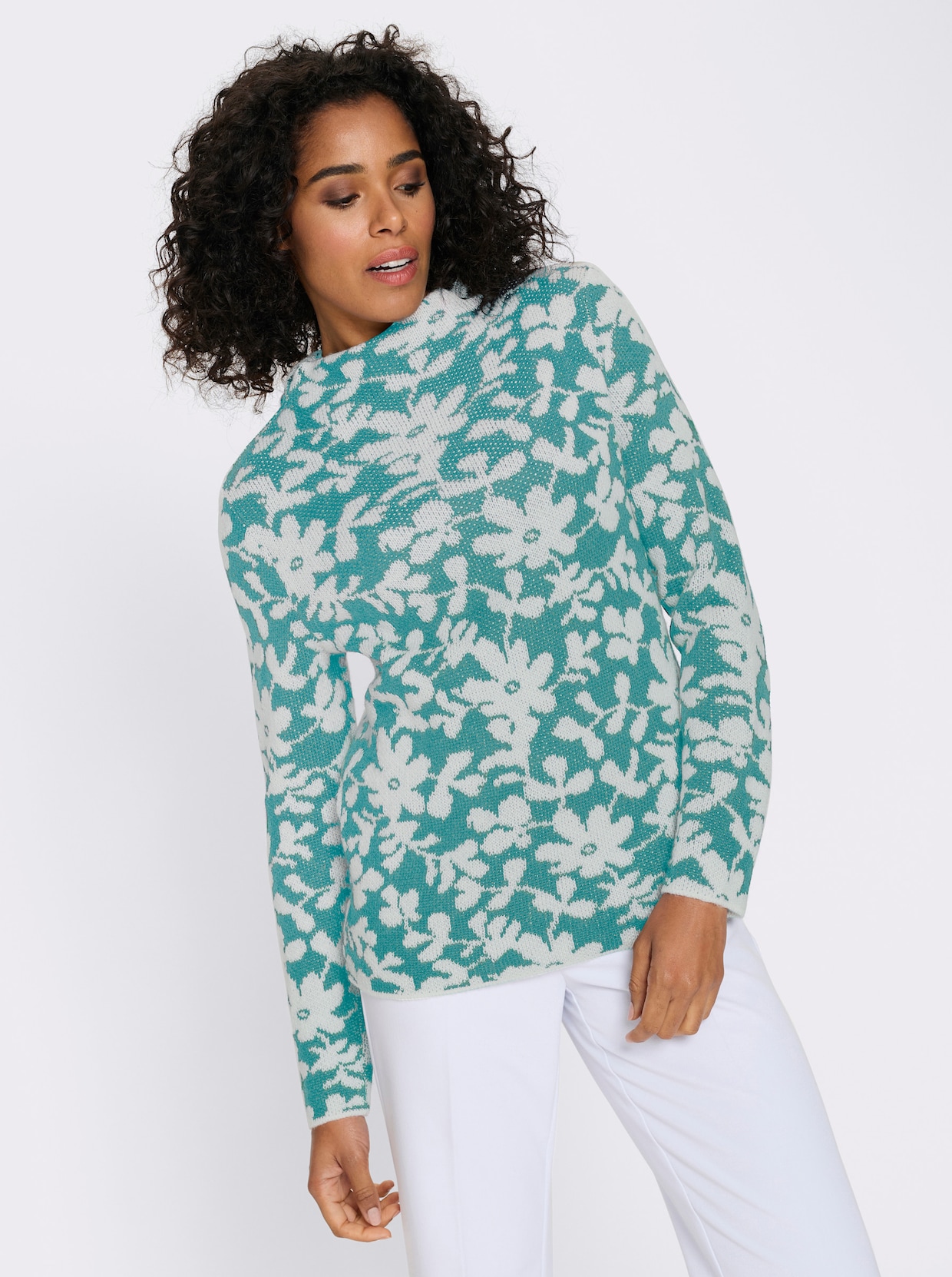 Pullover met opstaande kraag en effectgaren - oceaan/ecru gedessineerd