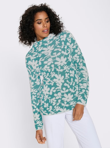 Pullover met opstaande kraag en effectgaren - oceaan/ecru gedessineerd