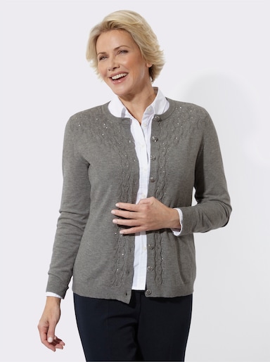 Strickjacke mit Ajourmuster und Glitzersteinchen - grau-meliert