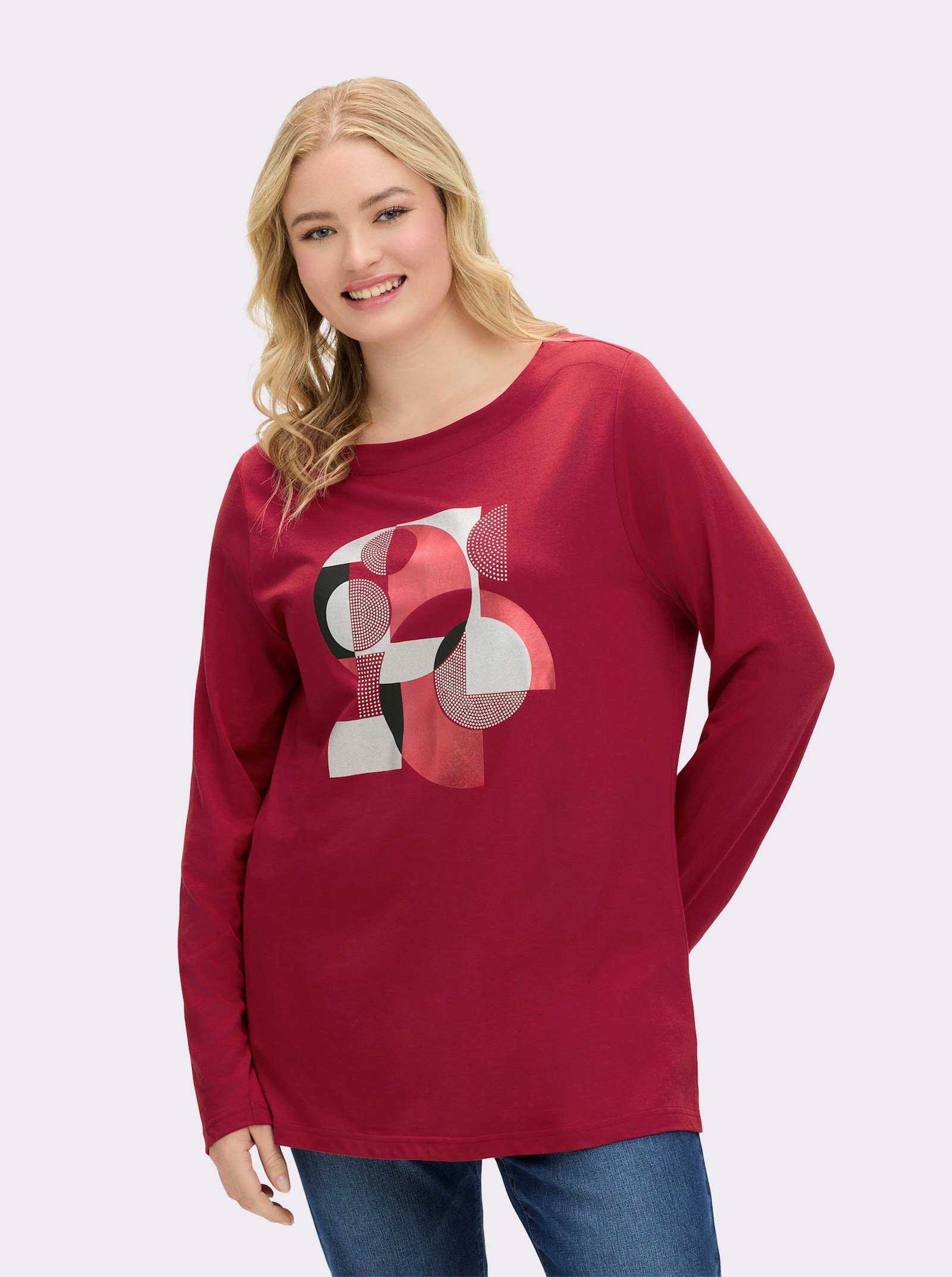 sheego Langarmshirt mit Grafikprint und Glitzersteinchen - kirsche-silberfarben-bedruckt