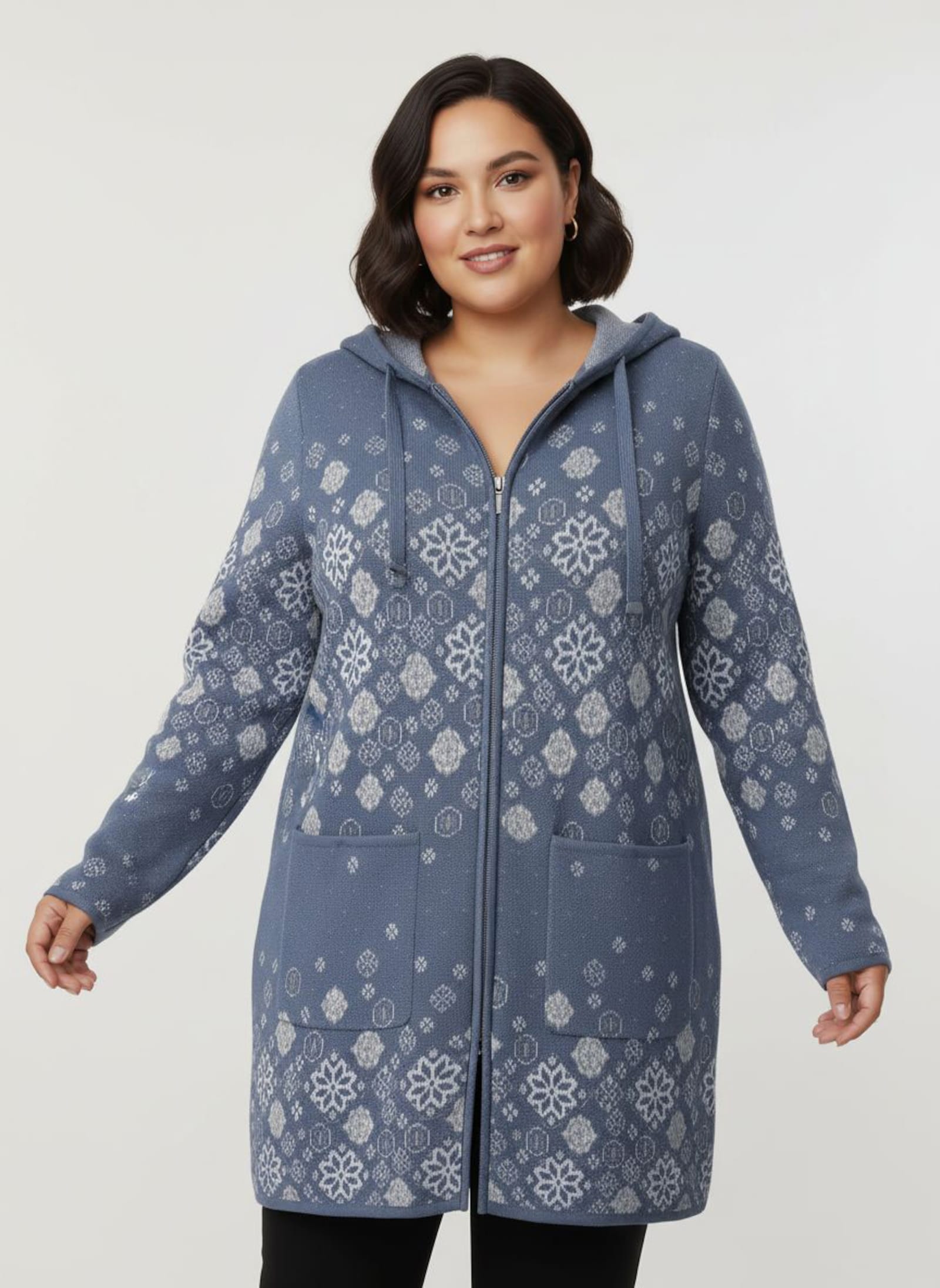 Longstrickjacke mit Jacquard-Strickmuster - rauchblau-gemustert