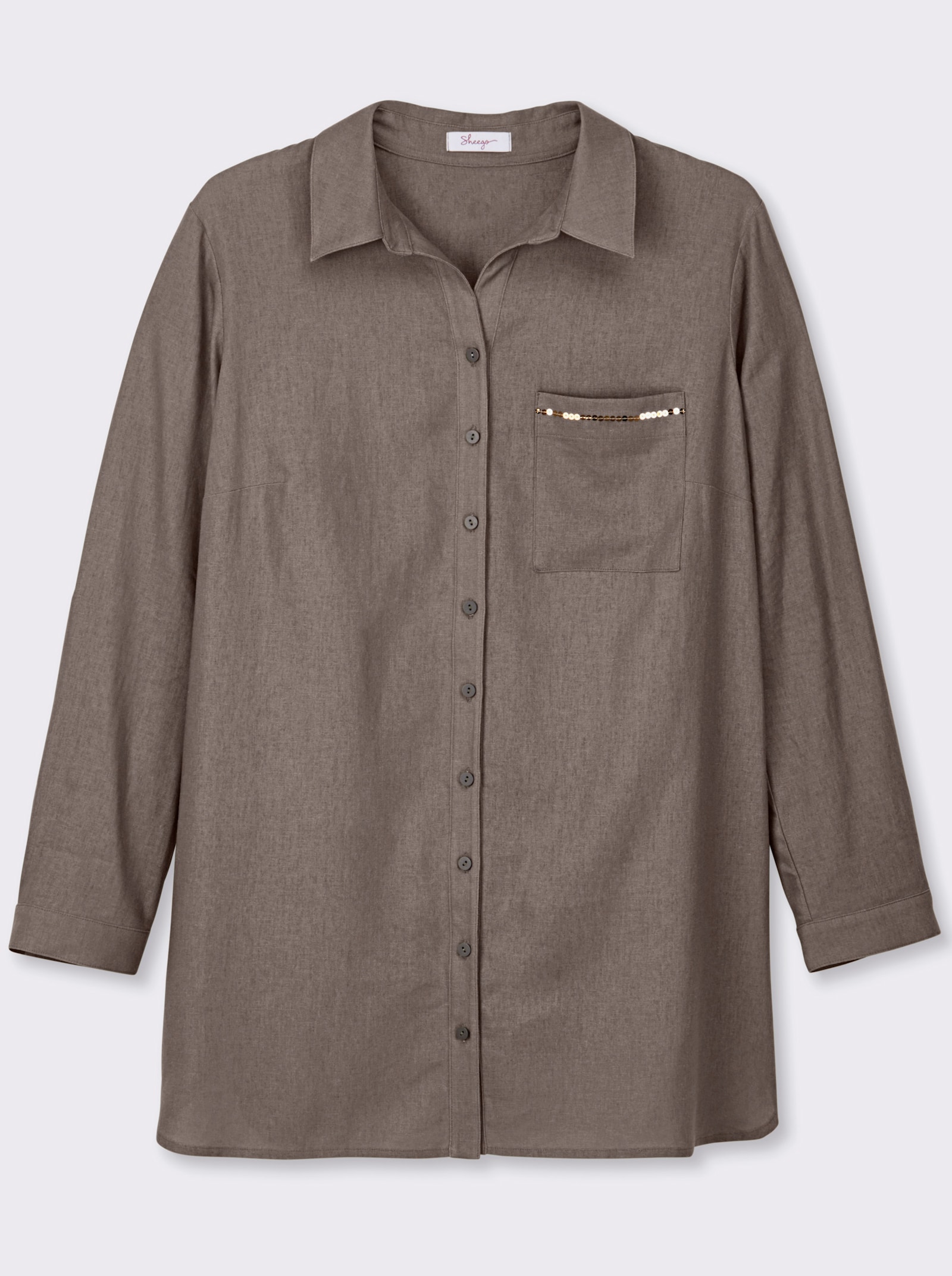 sheego Leinenbluse mit Pailletten an der Brusttasche - dunkeltaupe