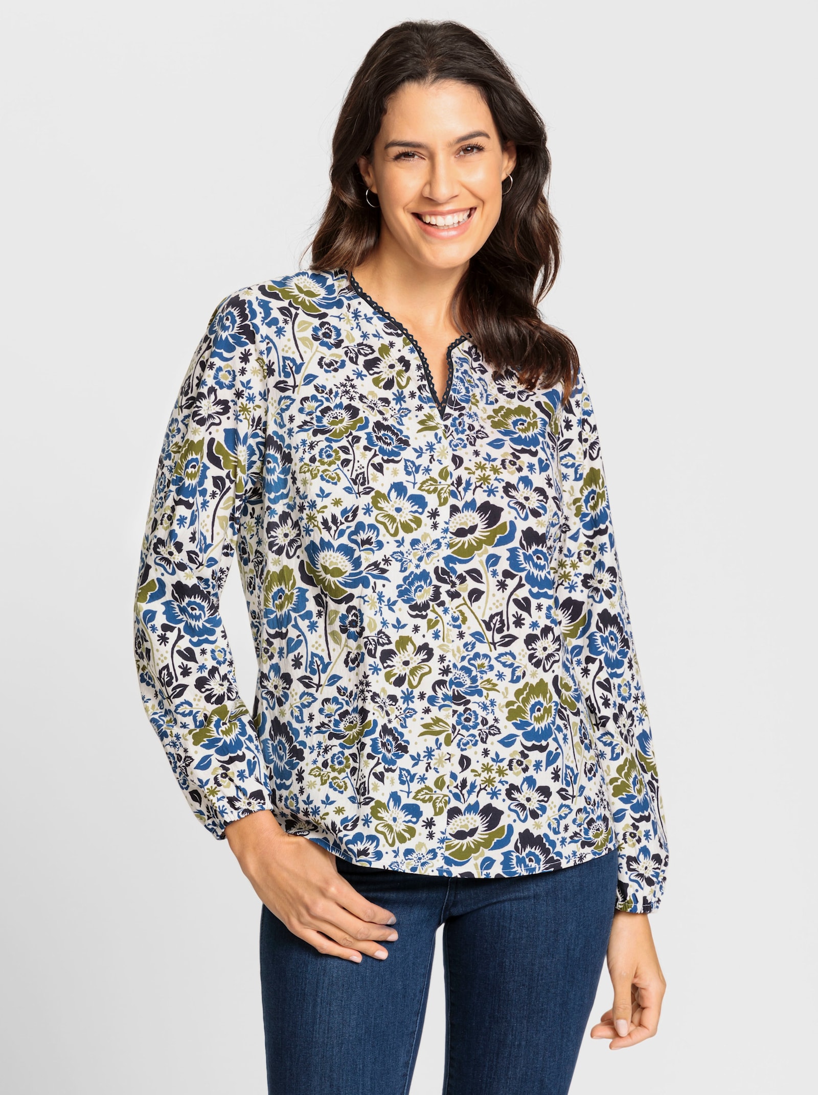 Baumwollbluse mit Spitzenborte am Ausschnitt - ecru-jeansblau-bedruckt
