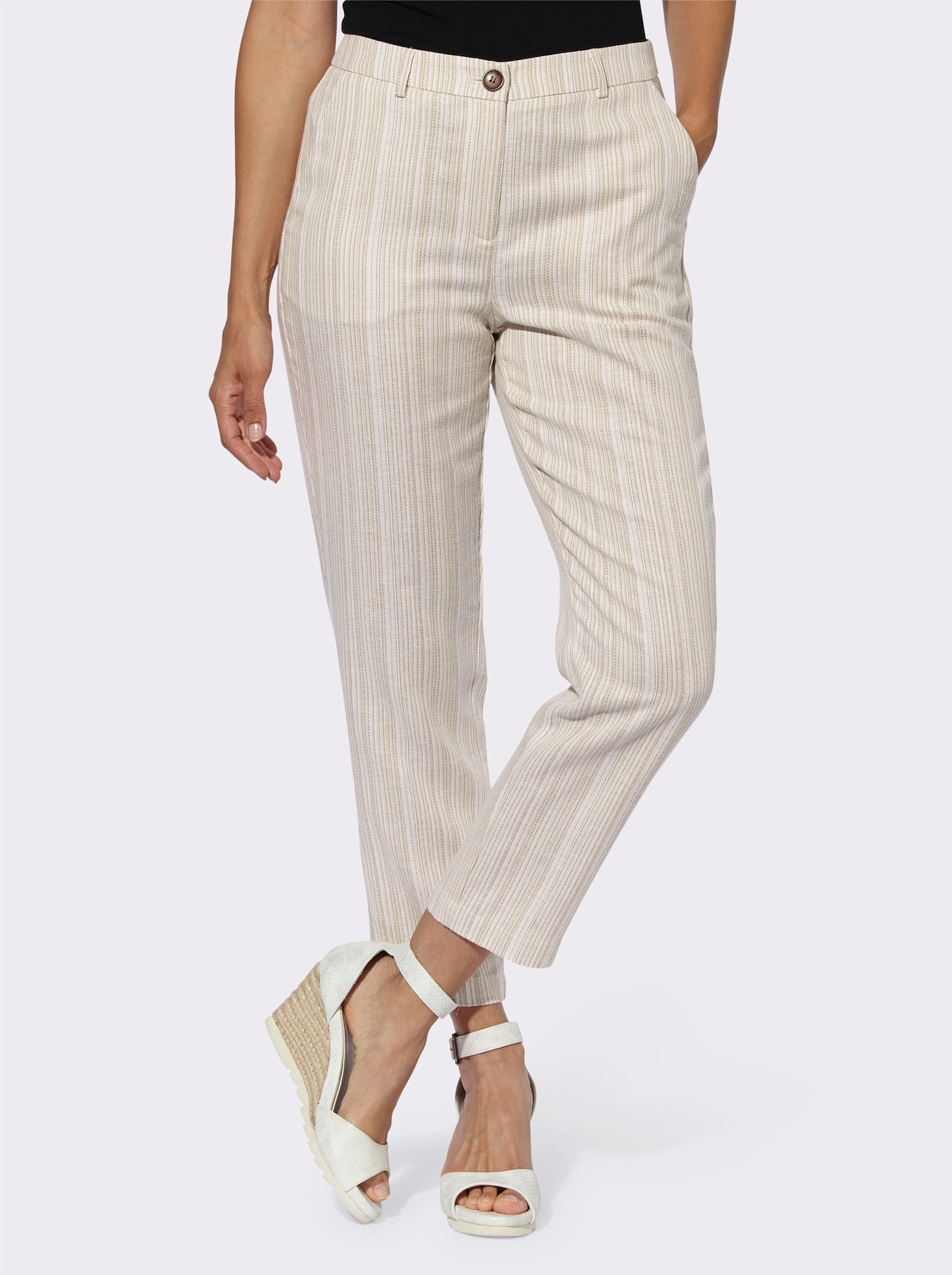 Linnen broek met jacquardpatroon - champagne/sesam gestreept