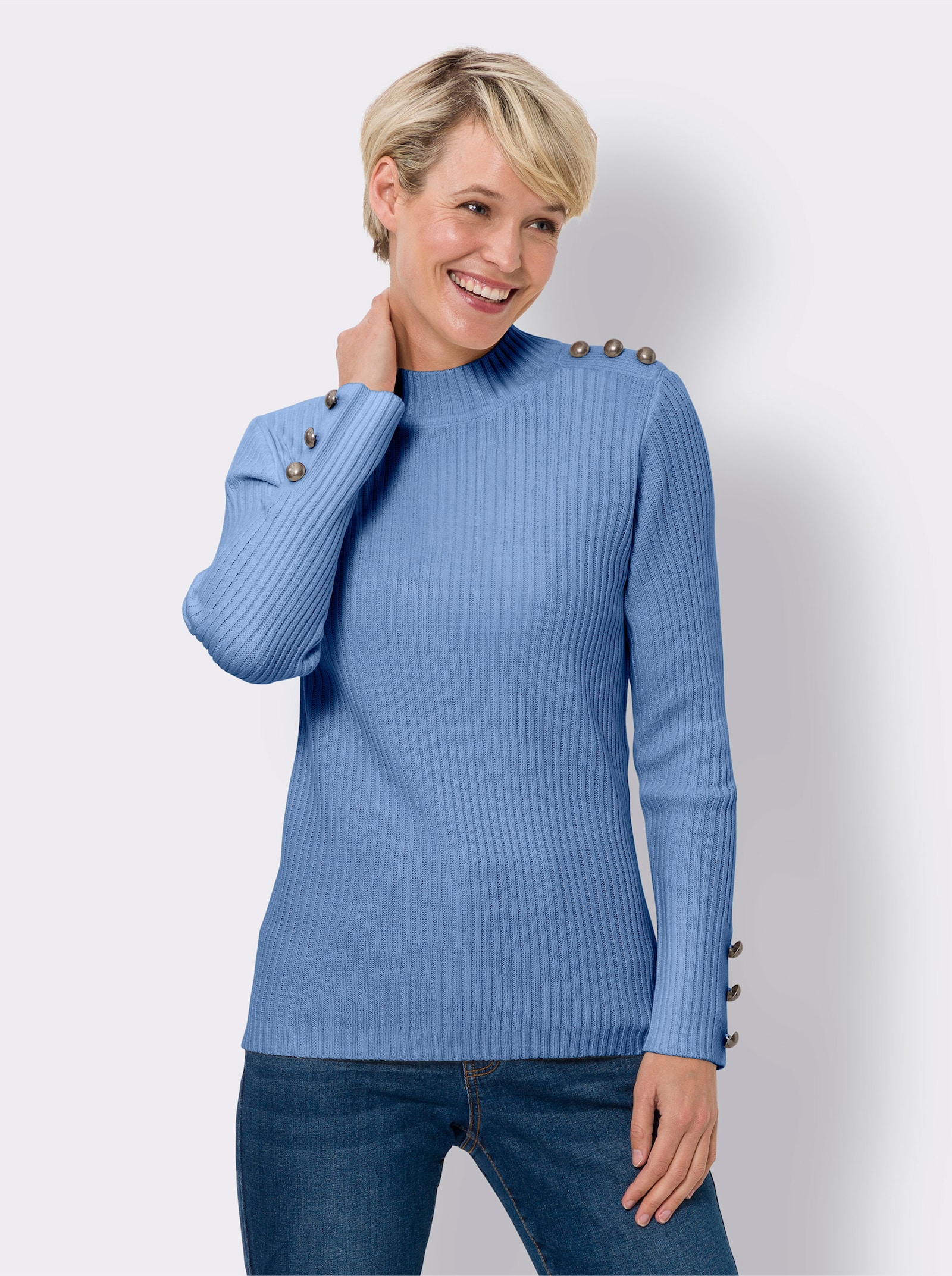 Tröja med halvpolo med ribbstickning - himmelsblå