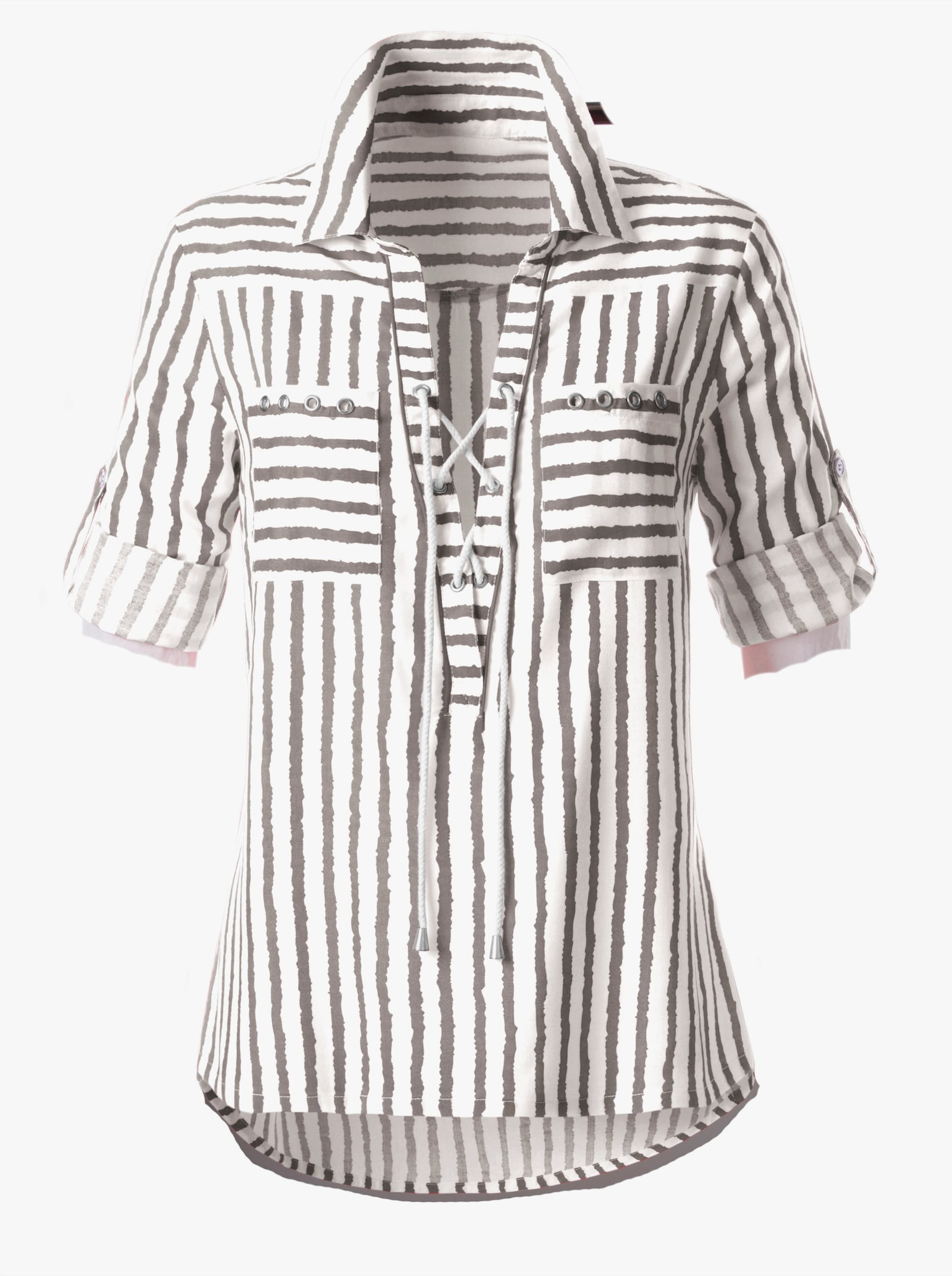 Gestreifte Bluse mit Schnürung am Ausschnitt - taupe-weiß-gestreift