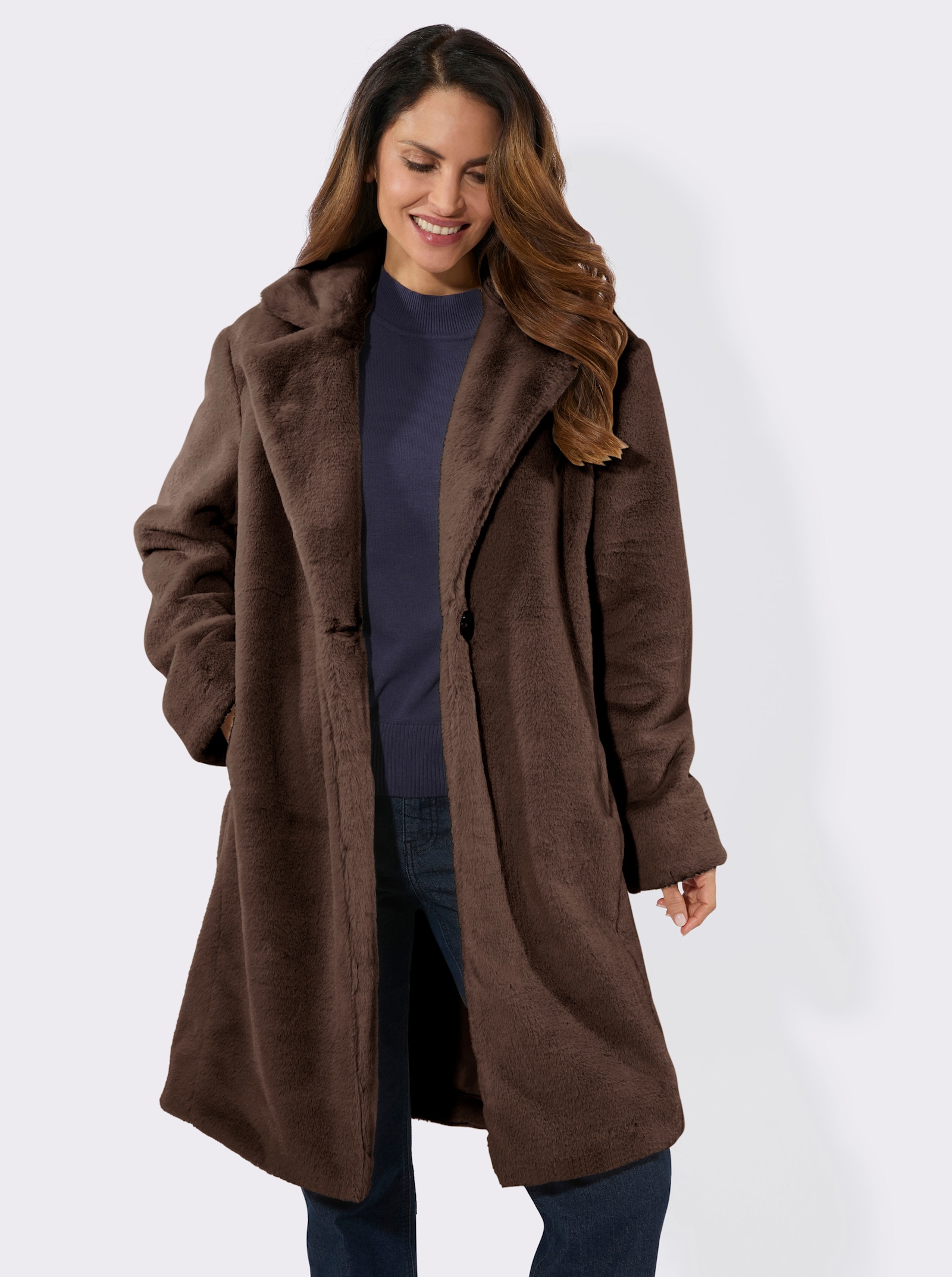 Fellimitatmantel in weiter Silhouette - schoko