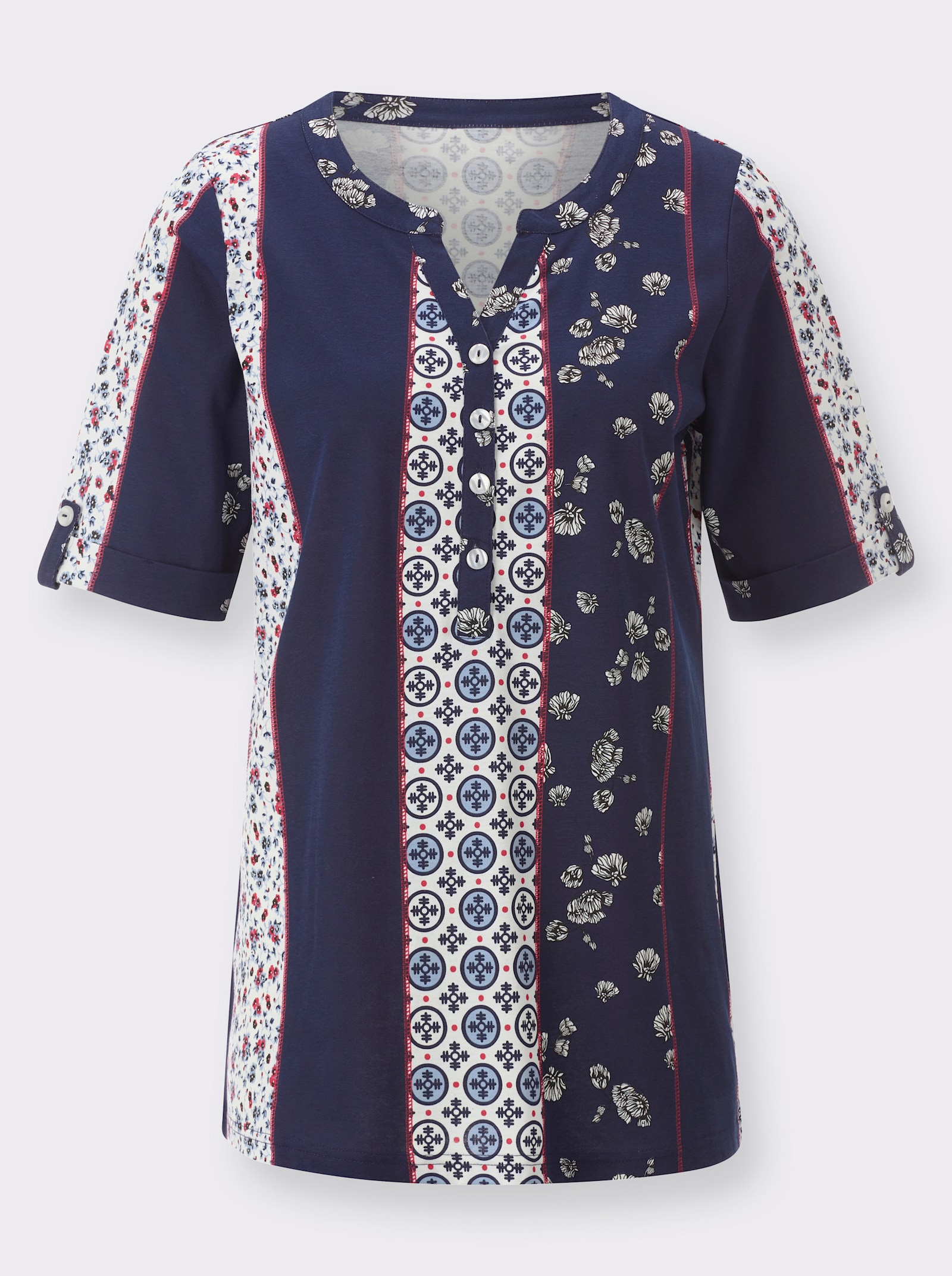 Kurzarmshirt mit etwas längerem Halbarm - marine-erdbeere-bedruckt