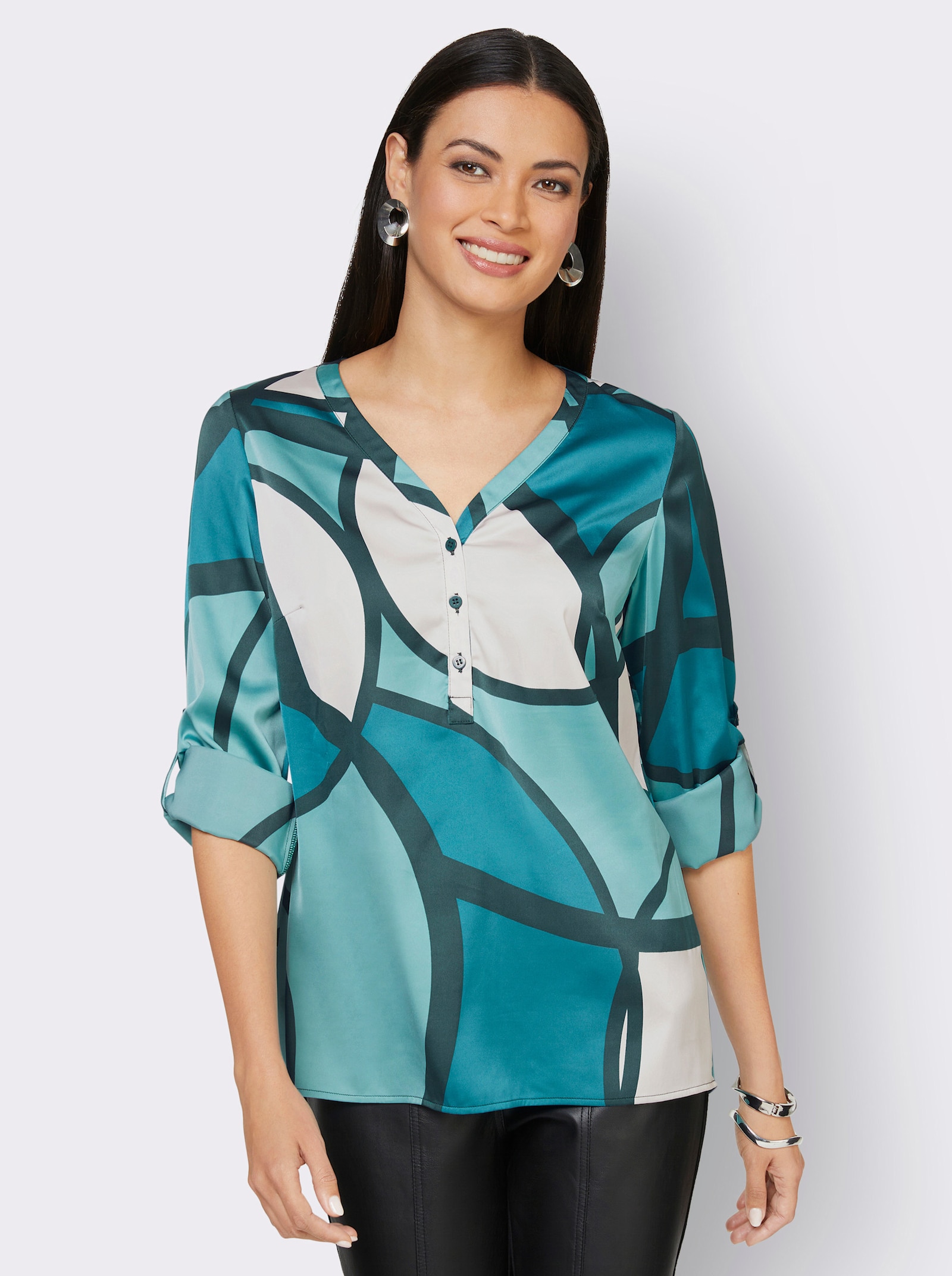 Longbluse in Satin-Qualität, gemustert - ecru-petrol-bedruckt