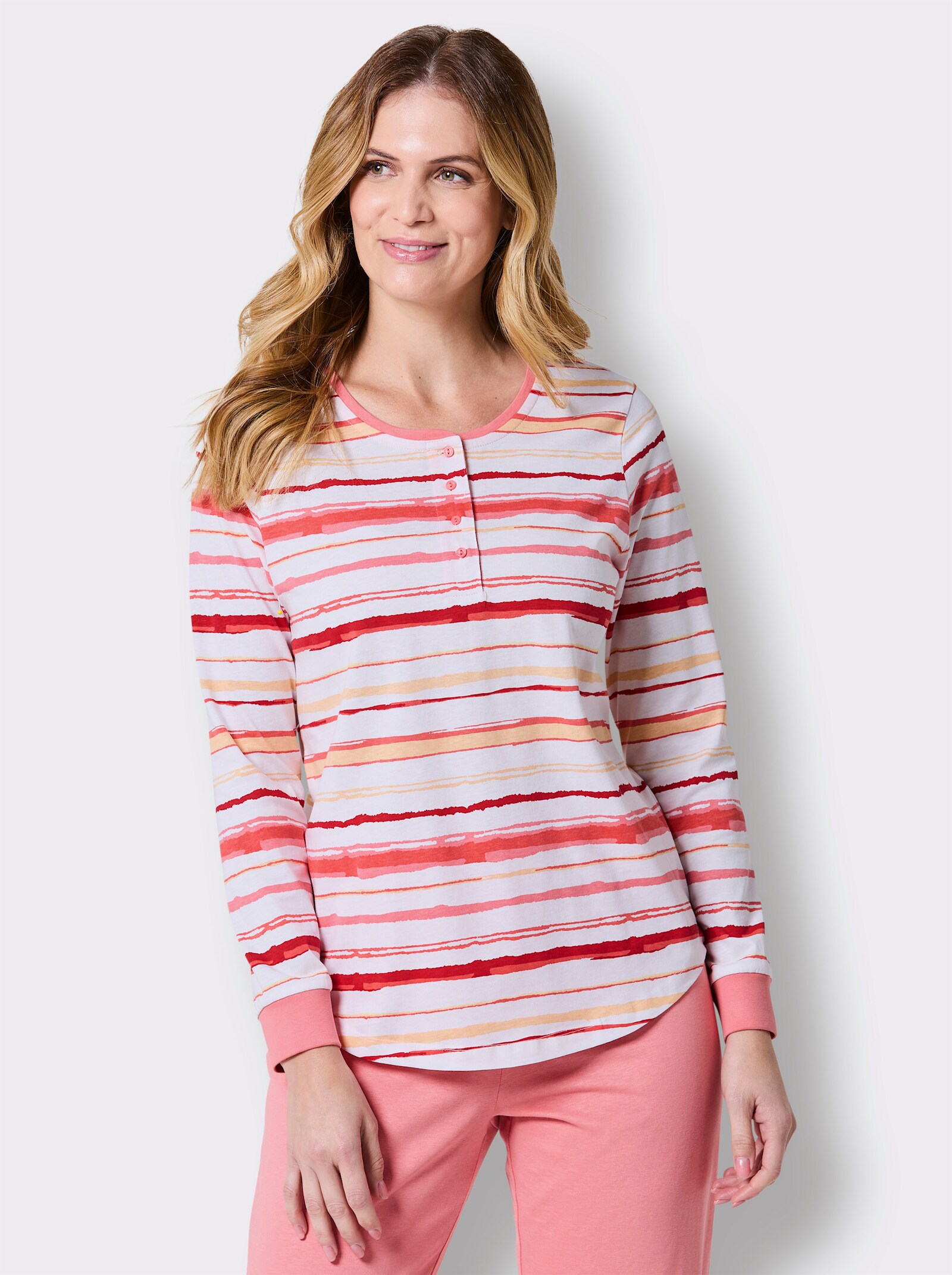 wäschepur Schlafanzugshirt im Streifen-Dessin - flamingo-weiß-gestreift