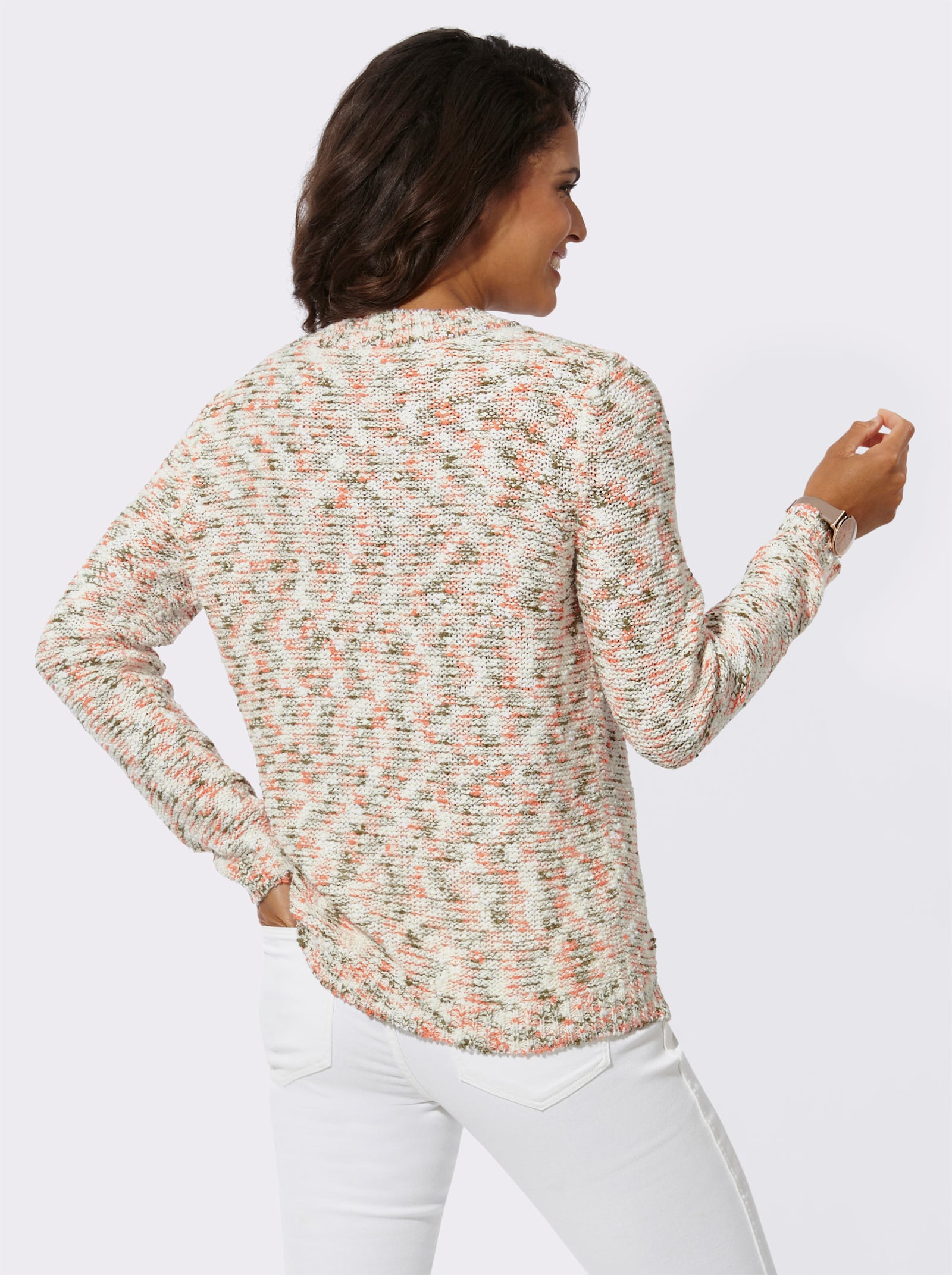 Langarm-Pullover aus Noppengarn - ecru-papaya-meliert