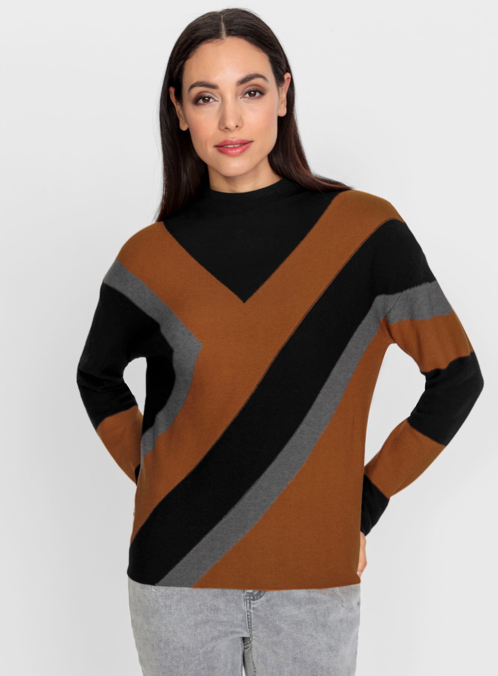 heine Stehkragenpullover mit Intarsienstrick - schwarz-cognac-gemustert
