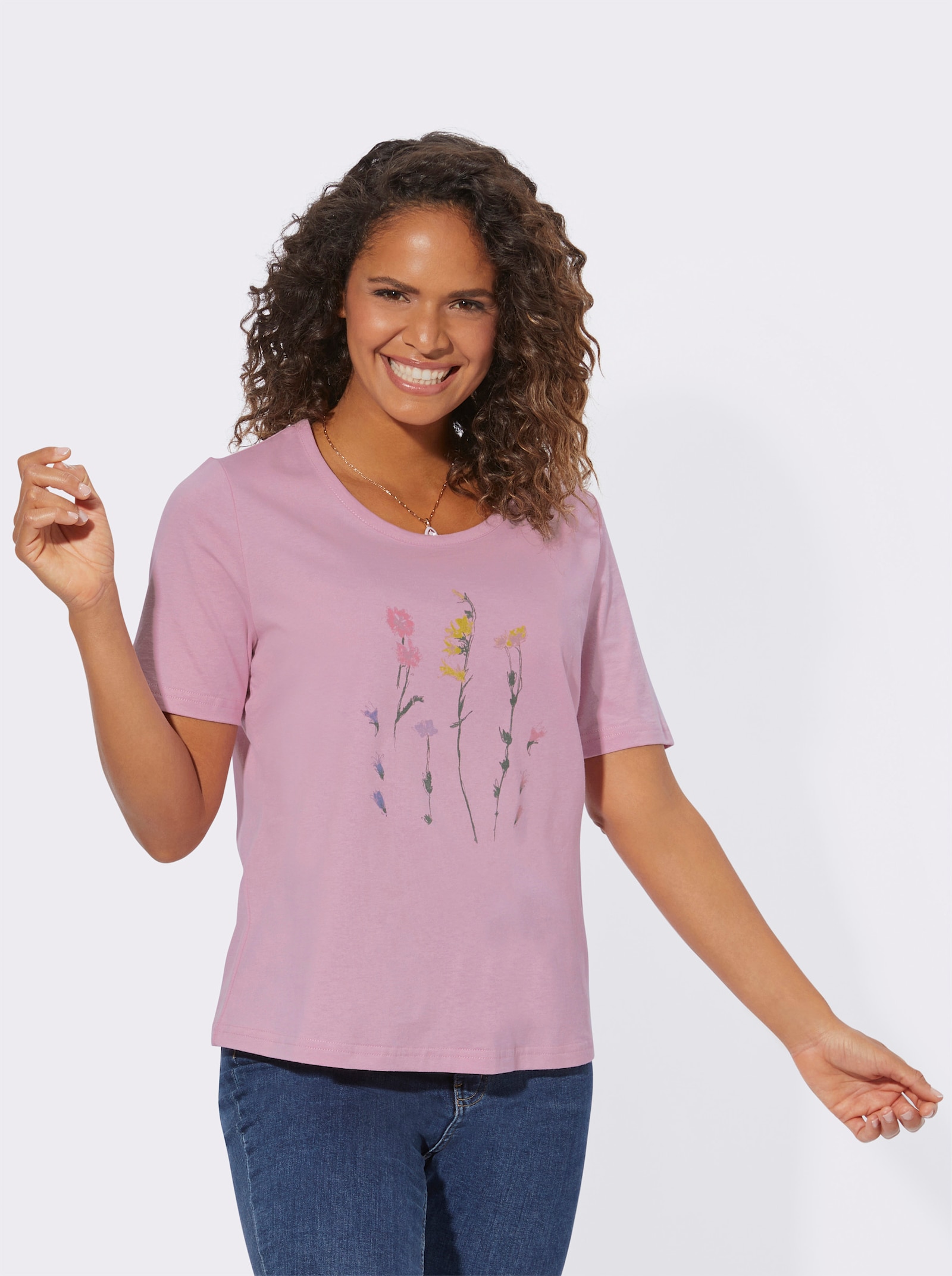 Tričko, okrúhly výstrih, kvetový motív - svetloružová