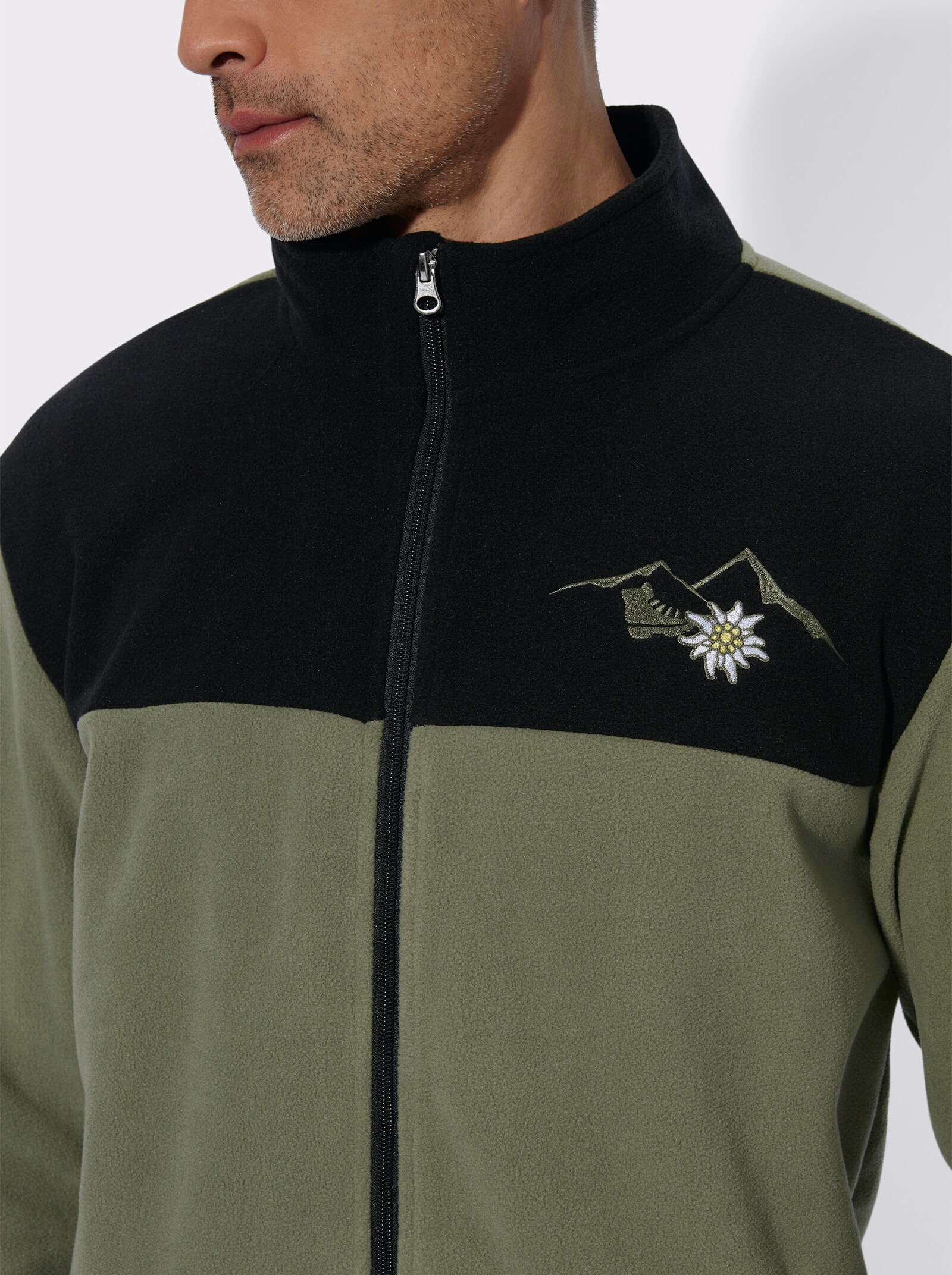 Fleecejacke mit Edelweiß-Stickerei - schwarz-khaki