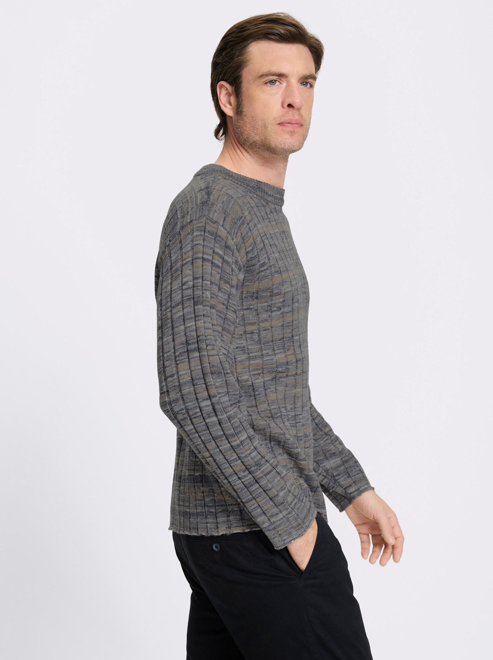 Marco Donati Rundhalspullover mit Woll-Anteil - steingrau-camel-meliert