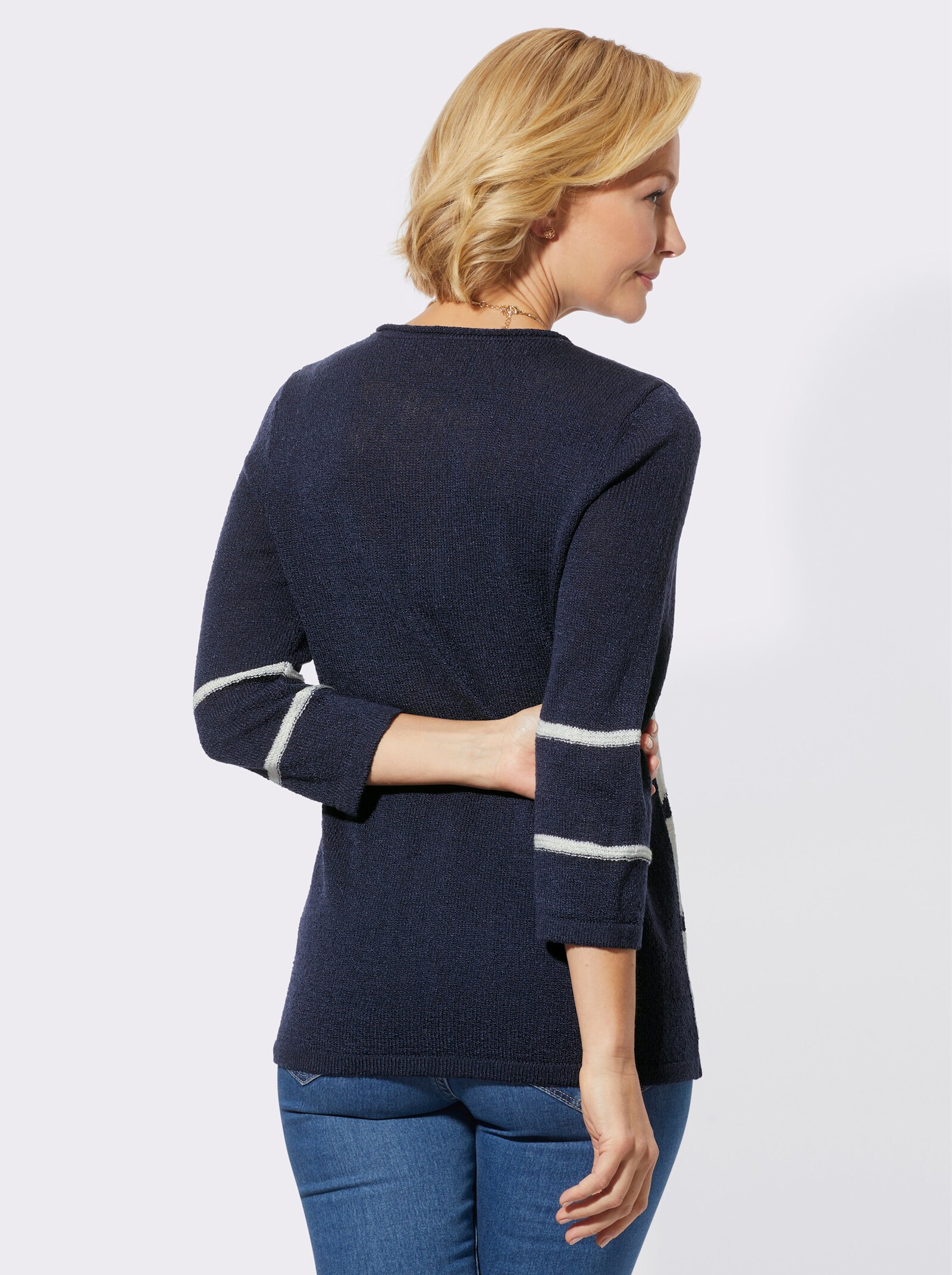 Pullover met ronde hals en intarsiapatroon - marine/ecru gedessineerd