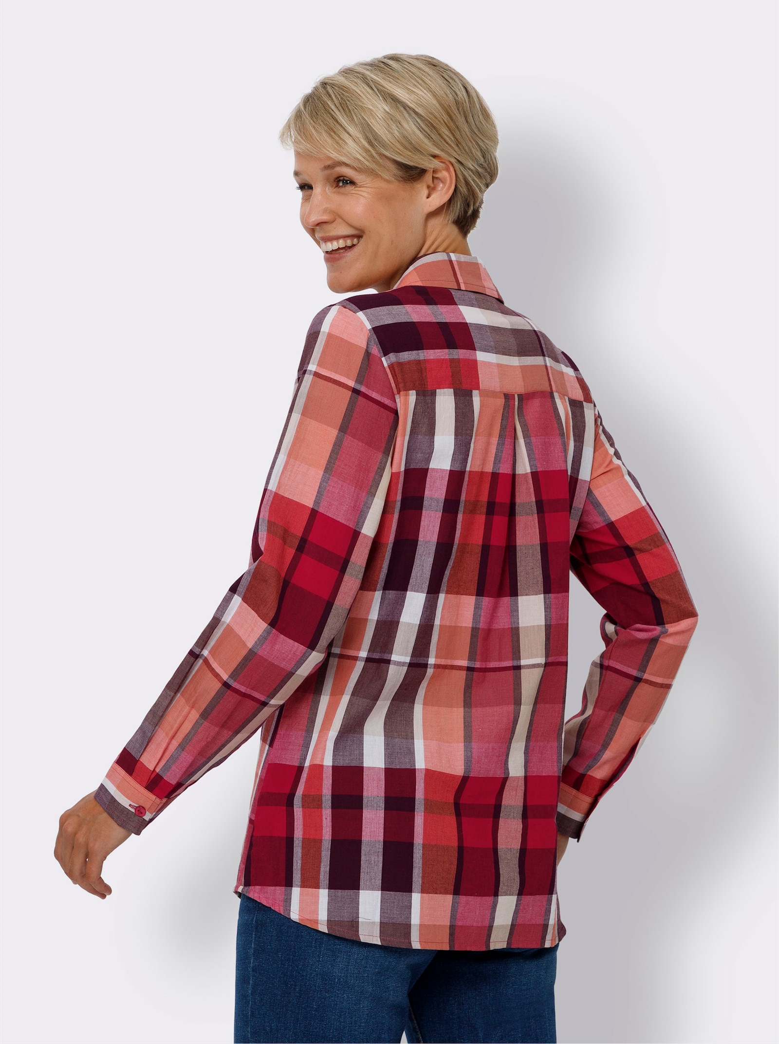 Lange blouse met 1 borstzak - sesam/aardbei geruit