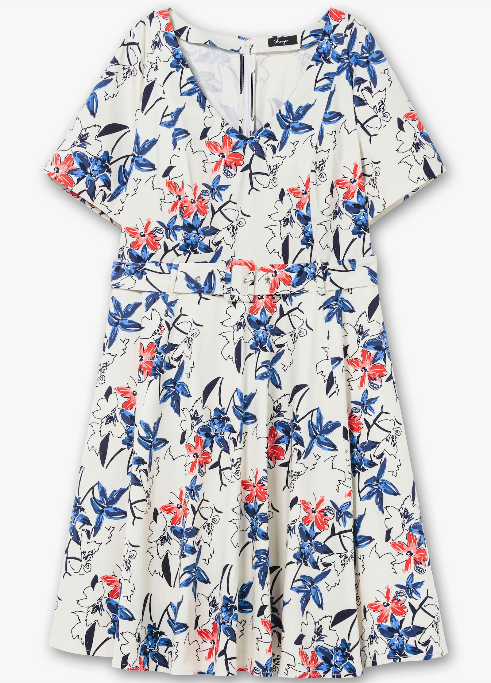 sheego Robe de cocktail avec imprimé floral et ceinture en tissu - couleur ivoire imprimé