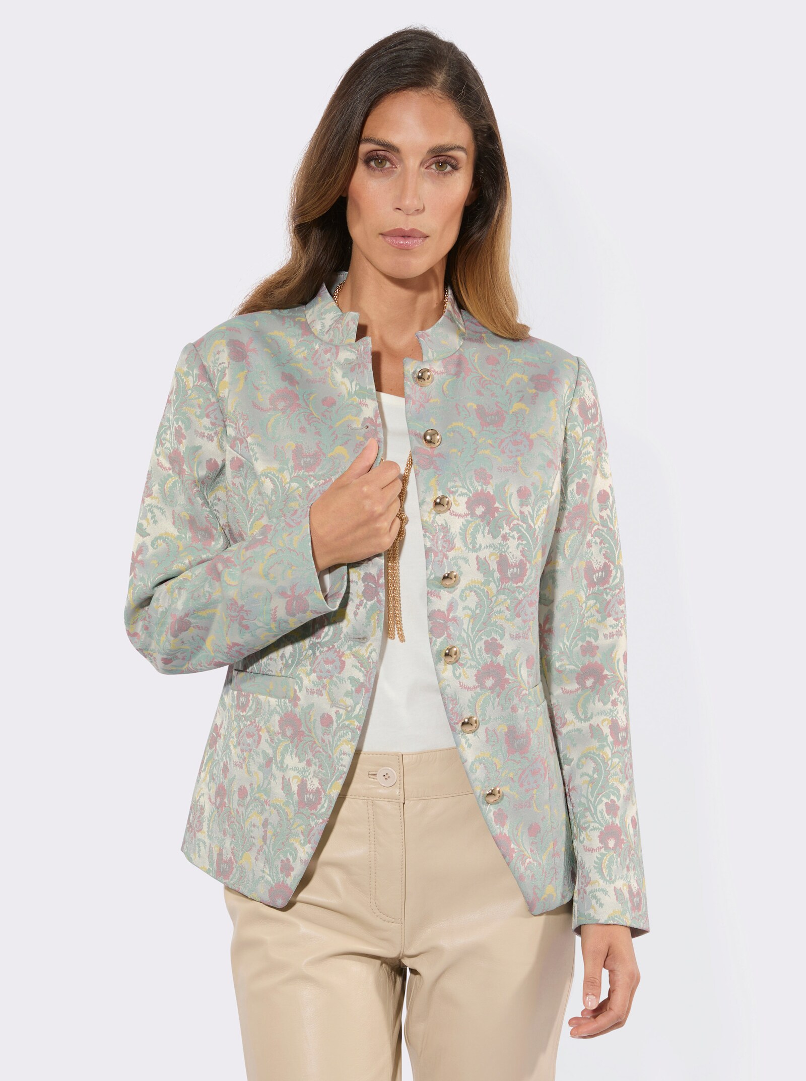 Jacquardblazer mit Schulterpolstern - ecru-taubenblau-gemustert